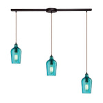 Hammered Glass 36'' Wide 3-Light Slim Linear Pendant - Oil Rubbed Bronze with Aqua