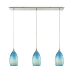 Earth 36'' Wide 3-Light Linear Pendant - Satin Nickel with Sky Blue Glass