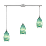 Collanino 38'' Wide 3-Light Slim Linear Pendant - Satin Nickel with Aqua Swirl Glass