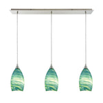 Collanino 36'' Wide 3-Light Linear Pendant - Satin Nickel with Aqua Swirl Glass