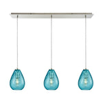 Lagoon 36'' Wide 3-Light Linear Pendant - Satin Nickel with Aqua