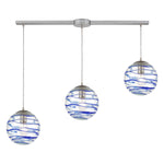 Vines 36'' Wide 3-Light Slim Linear Pendant - Satin Nickel with Blue Glass