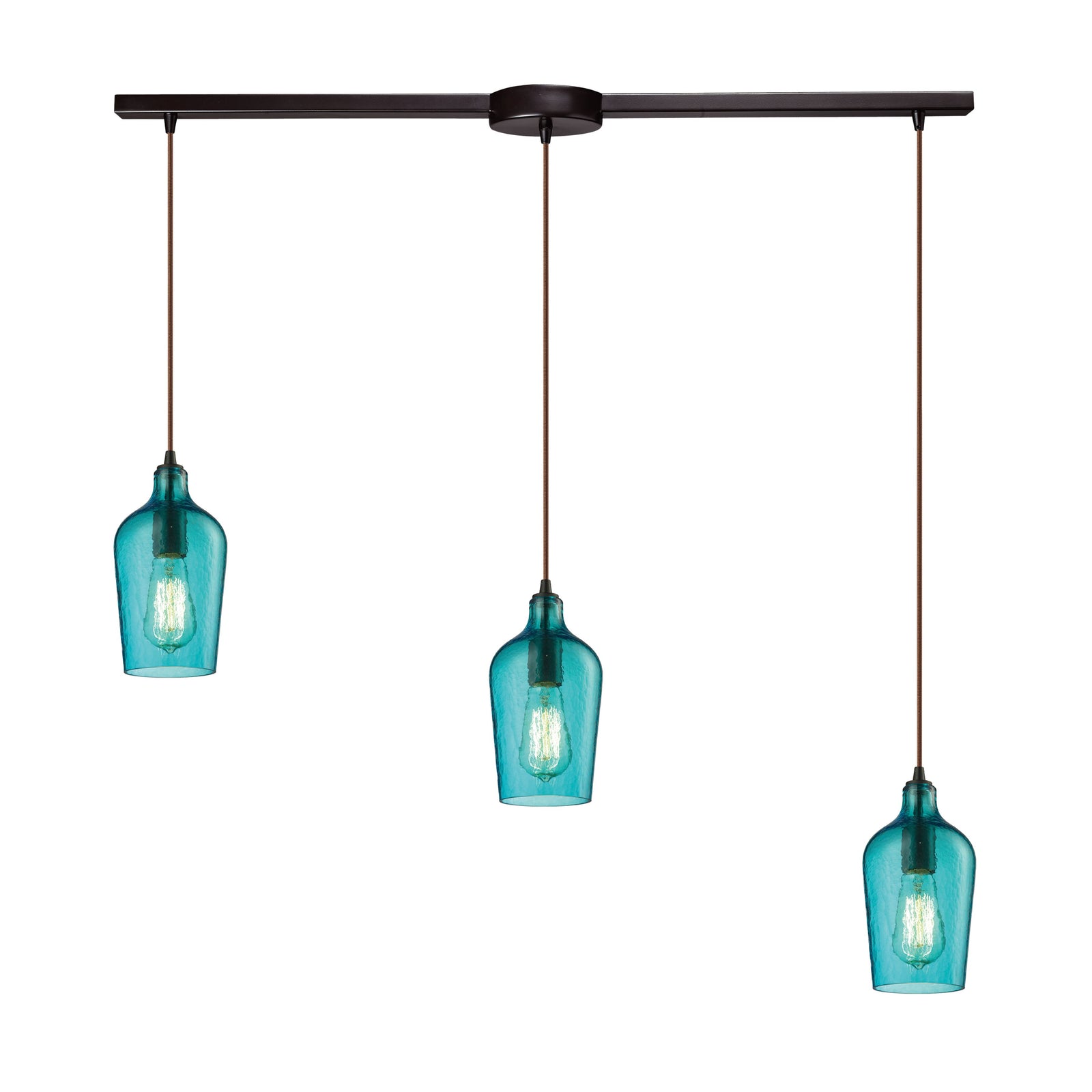 Hammered Glass 36'' Wide 3-Light Slim Linear Pendant - Oil Rubbed Bronze with Aqua