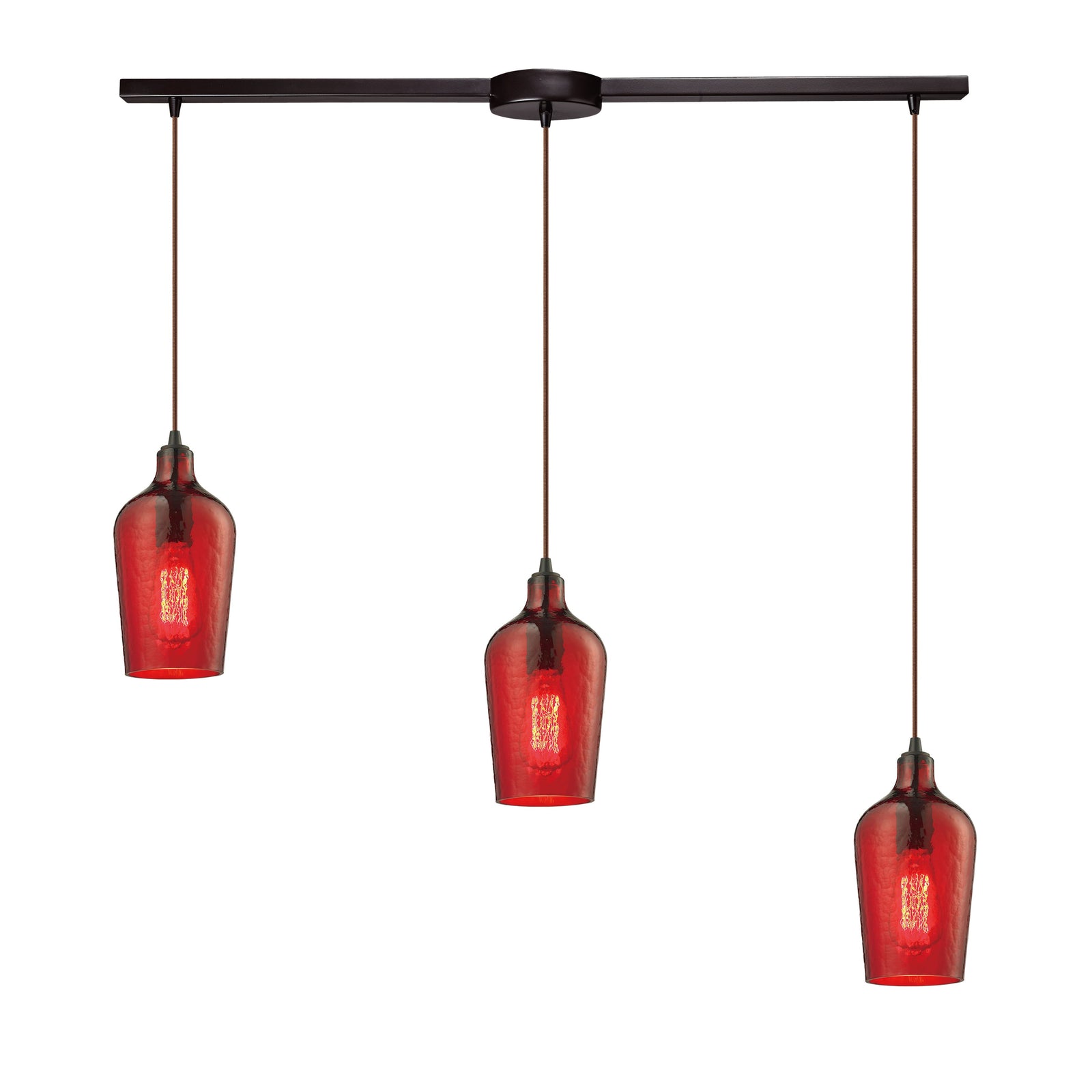 Hammered Glass 36'' Wide 3-Light Slim Linear Pendant - Oil Rubbed Bronze with Red