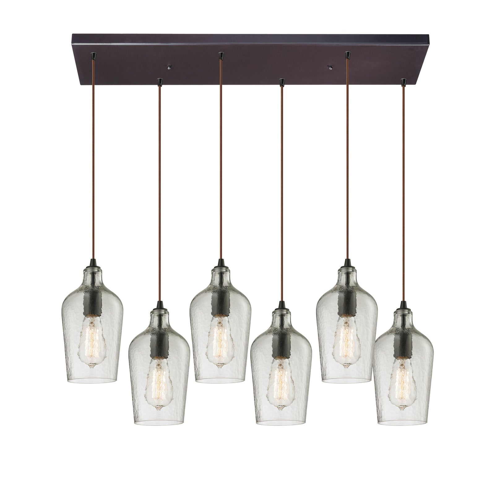 Hammered Glass 30'' Wide 6-Light Rectangular Pendant - Oil Rubbed Bronze with Clear
