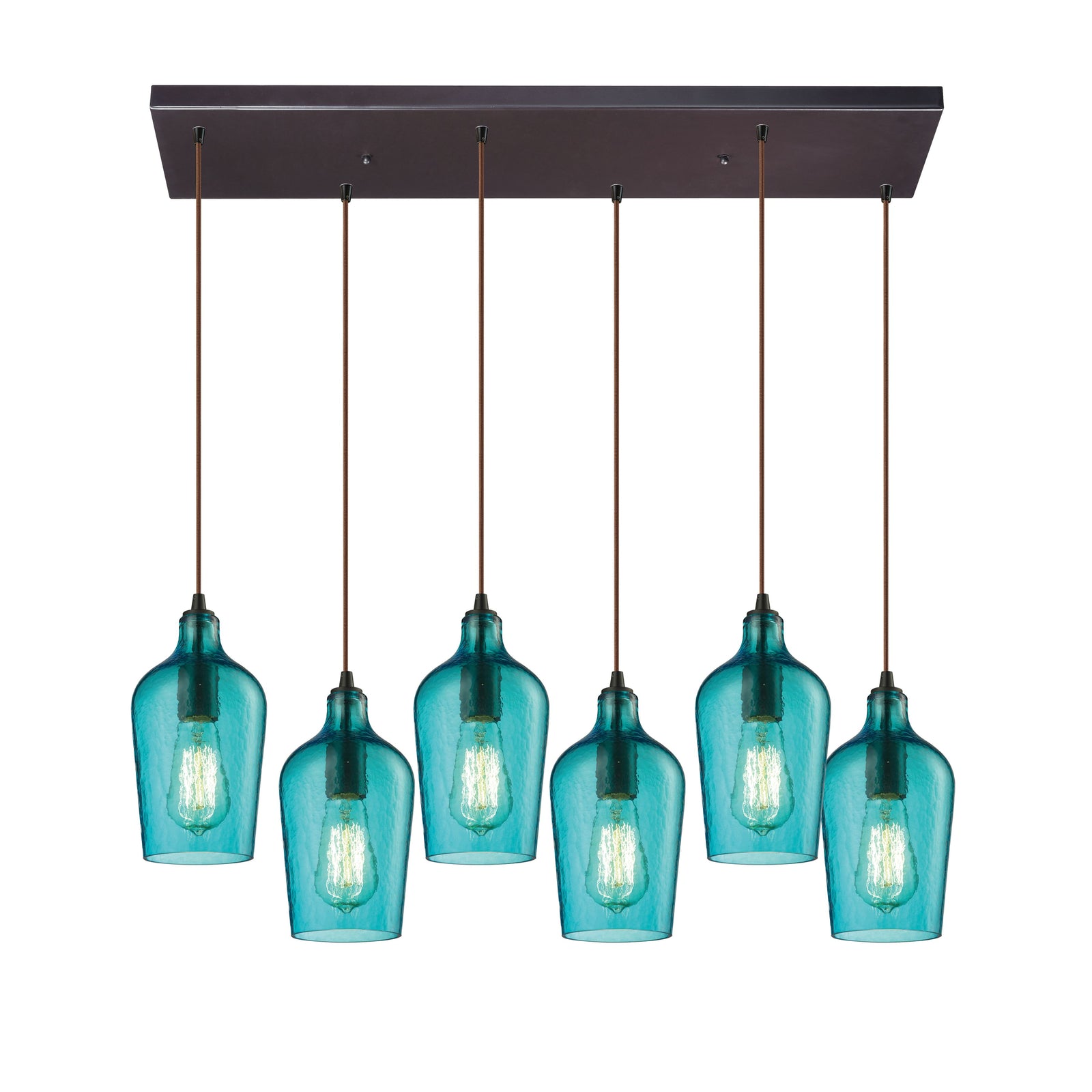 Hammered Glass 30'' Wide 6-Light Rectangular Pendant - Oil Rubbed Bronze with Aqua