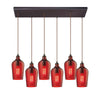 Hammered Glass 30'' Wide 6-Light Rectangular Pendant - Oil Rubbed Bronze with Red