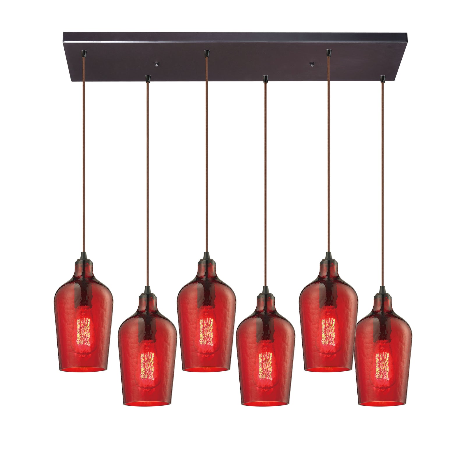 Hammered Glass 30'' Wide 6-Light Rectangular Pendant - Oil Rubbed Bronze with Red