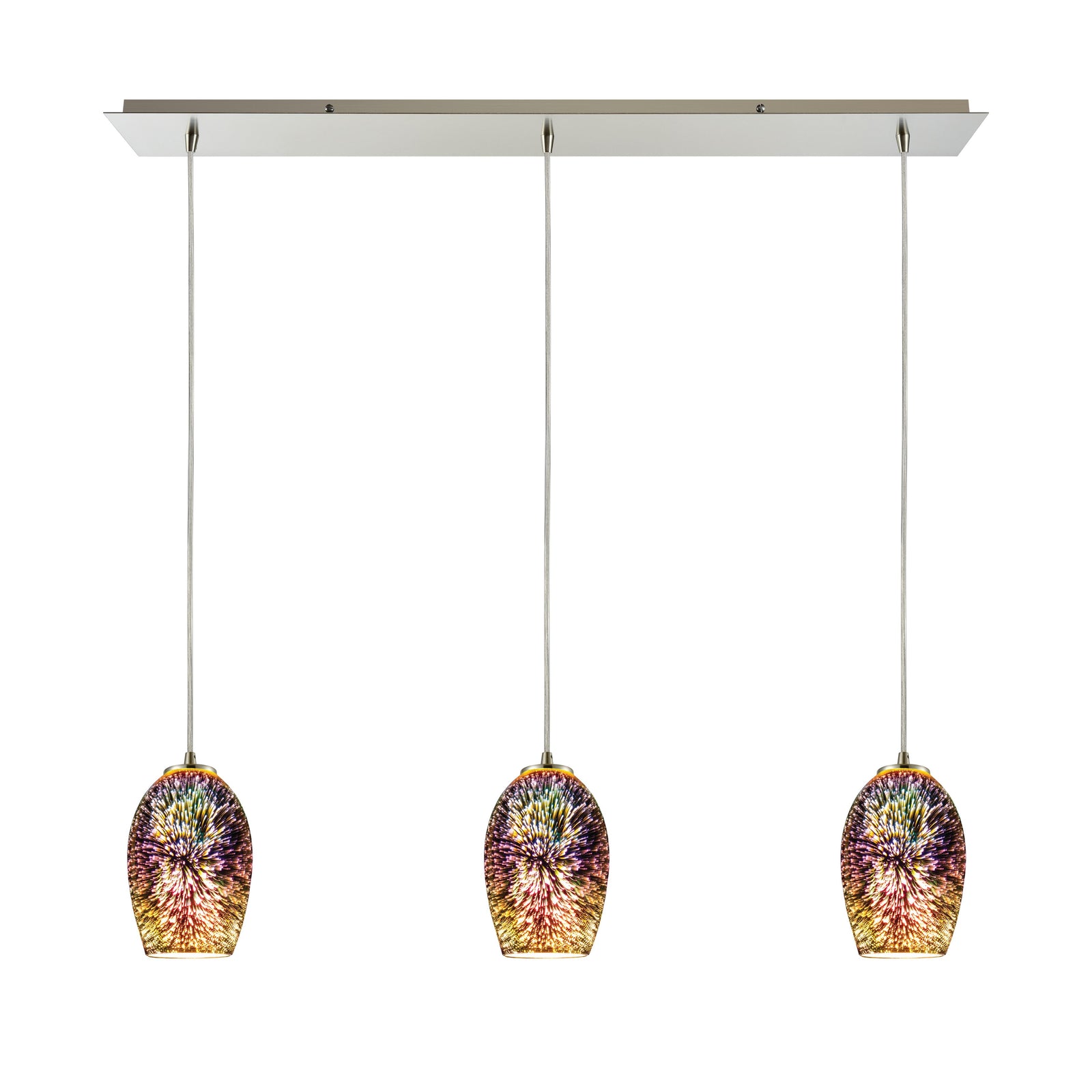 Illusions 36'' Wide 3-Light Linear Pendant - Satin Nickel with Multicolor Fireworks Glass