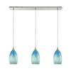 Earth 36'' Wide 3-Light Linear Pendant - Satin Nickel with Sky Blue Glass