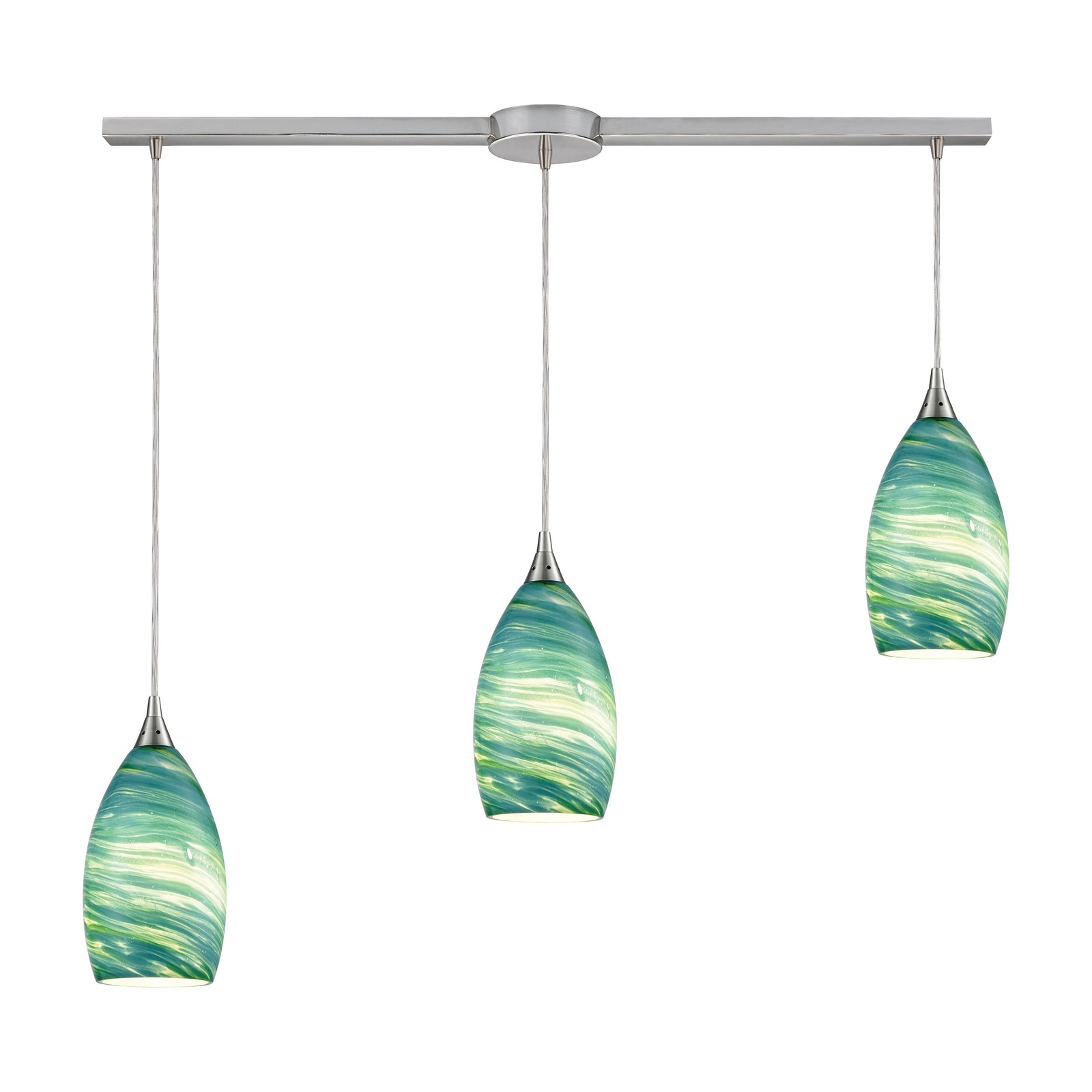 Collanino 38'' Wide 3-Light Slim Linear Pendant - Satin Nickel with Aqua Swirl Glass