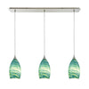 Collanino 36'' Wide 3-Light Linear Pendant - Satin Nickel with Aqua Swirl Glass