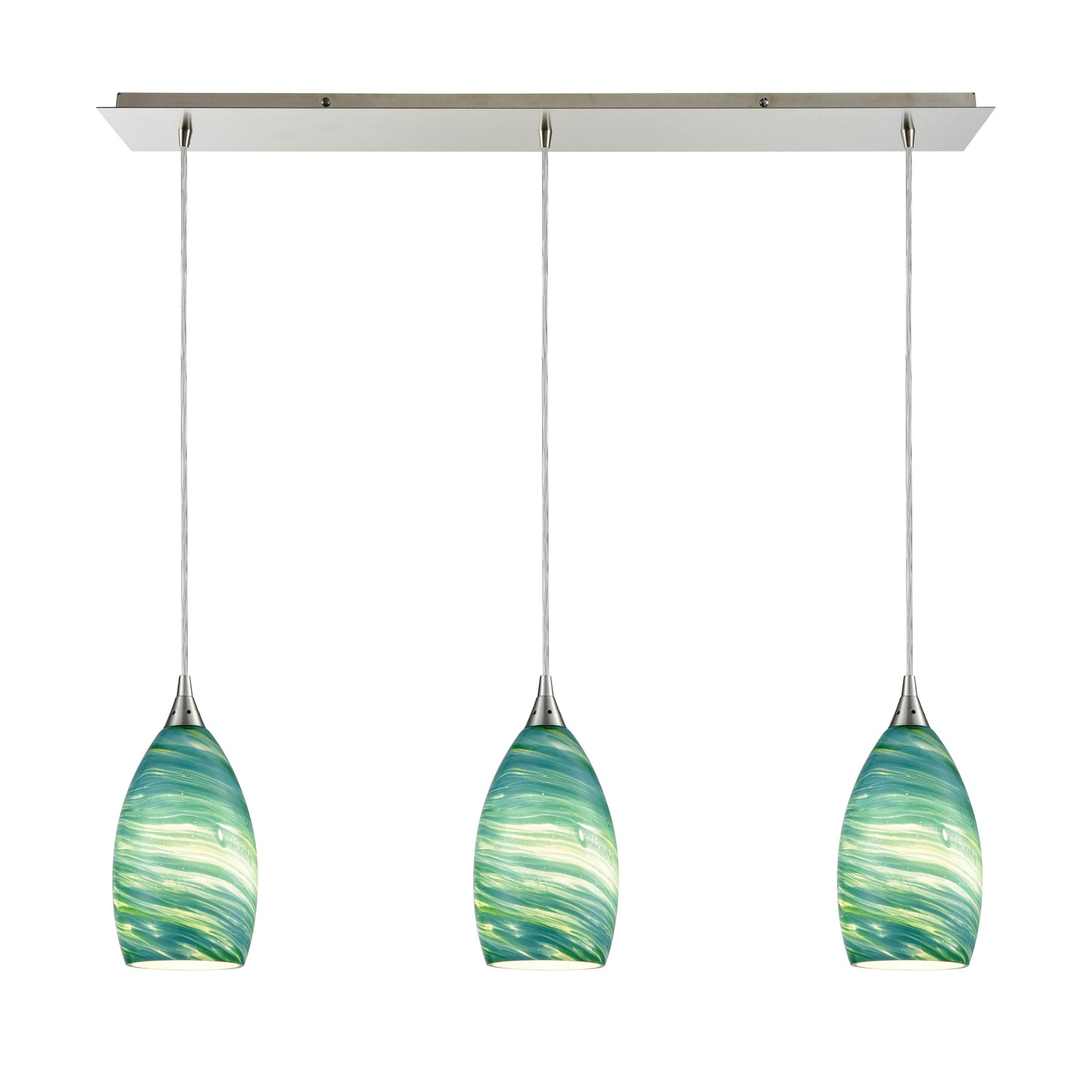 Collanino 36'' Wide 3-Light Linear Pendant - Satin Nickel with Aqua Swirl Glass