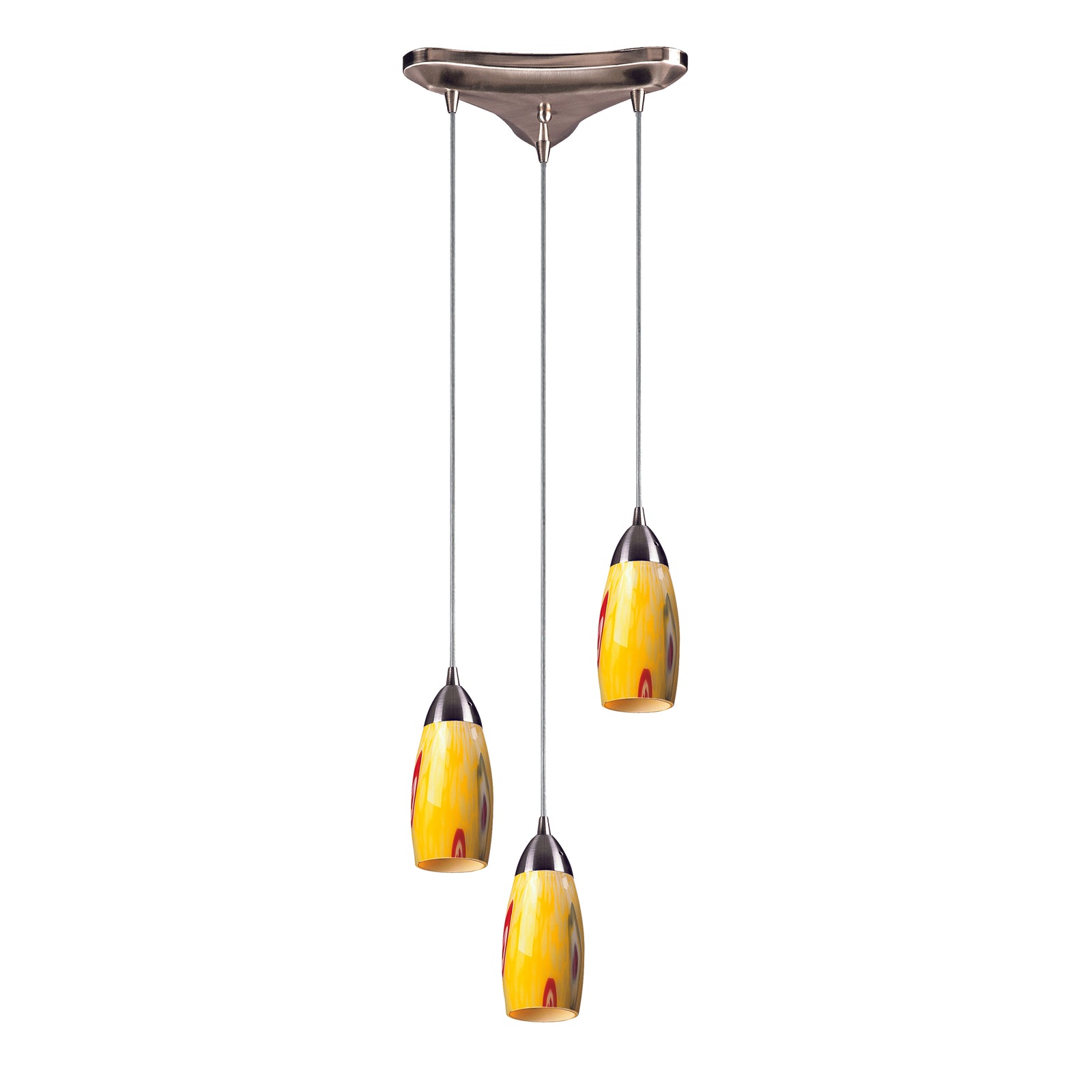 Milan 10'' Wide 3-Light Pendant - Satin Nickel with Yellow Blaze Glass