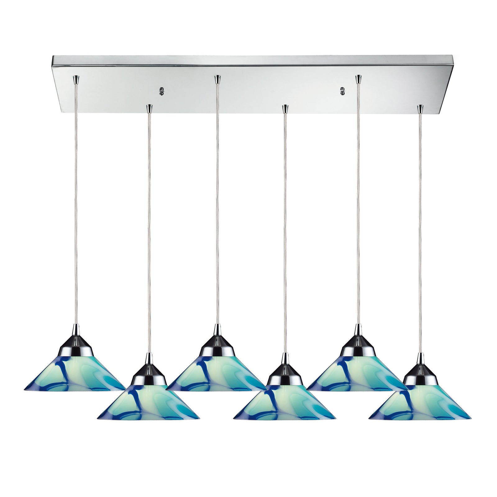 Refraction 30'' Wide 6-Light Rectangular Pendant - Polished Chrome with Caribbean Glass
