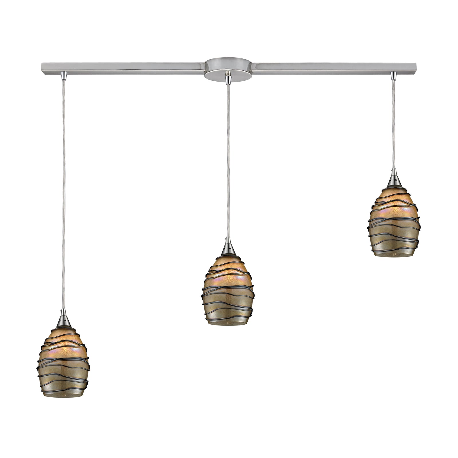 Vines 36'' Wide 3-Light Slim Linear Pendant - Satin Nickel with Tan Glass