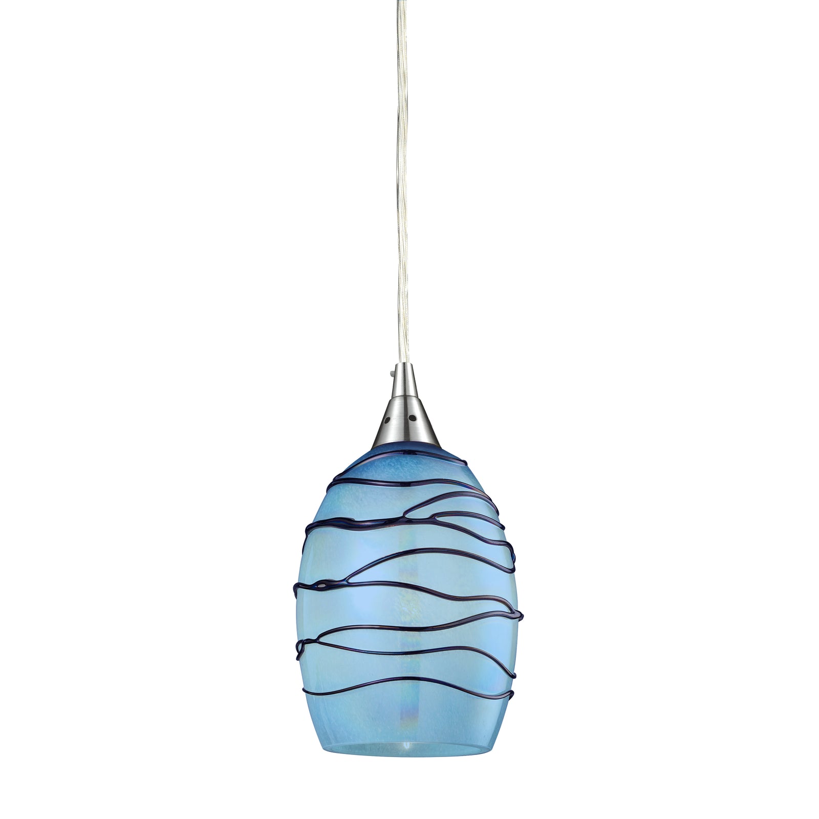 Vines 5'' Wide 1-Light Pendant - Satin Nickel with Blue Glass