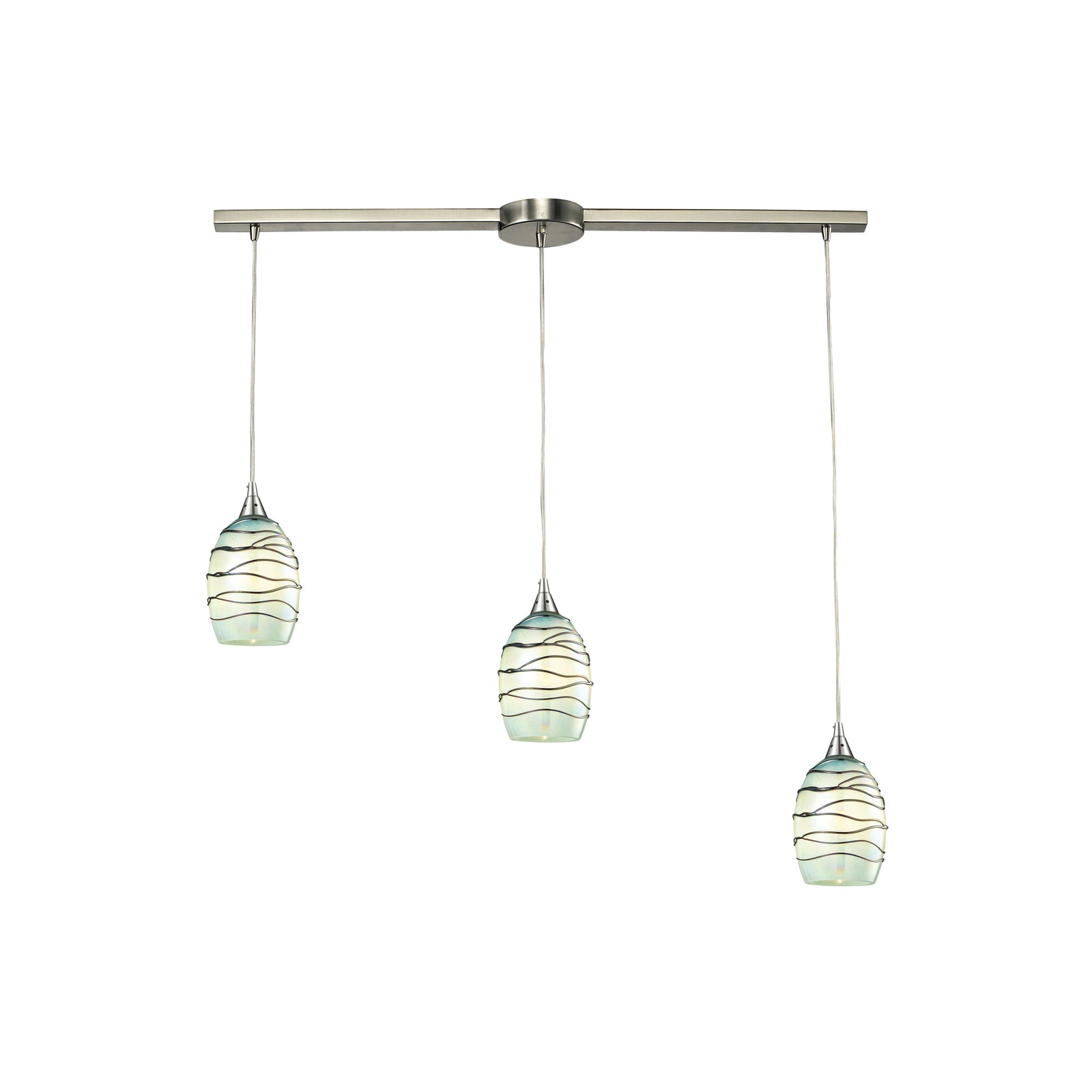 Vines 36'' Wide 3-Light Slim Linear Pendant - Satin Nickel with Mint Glass