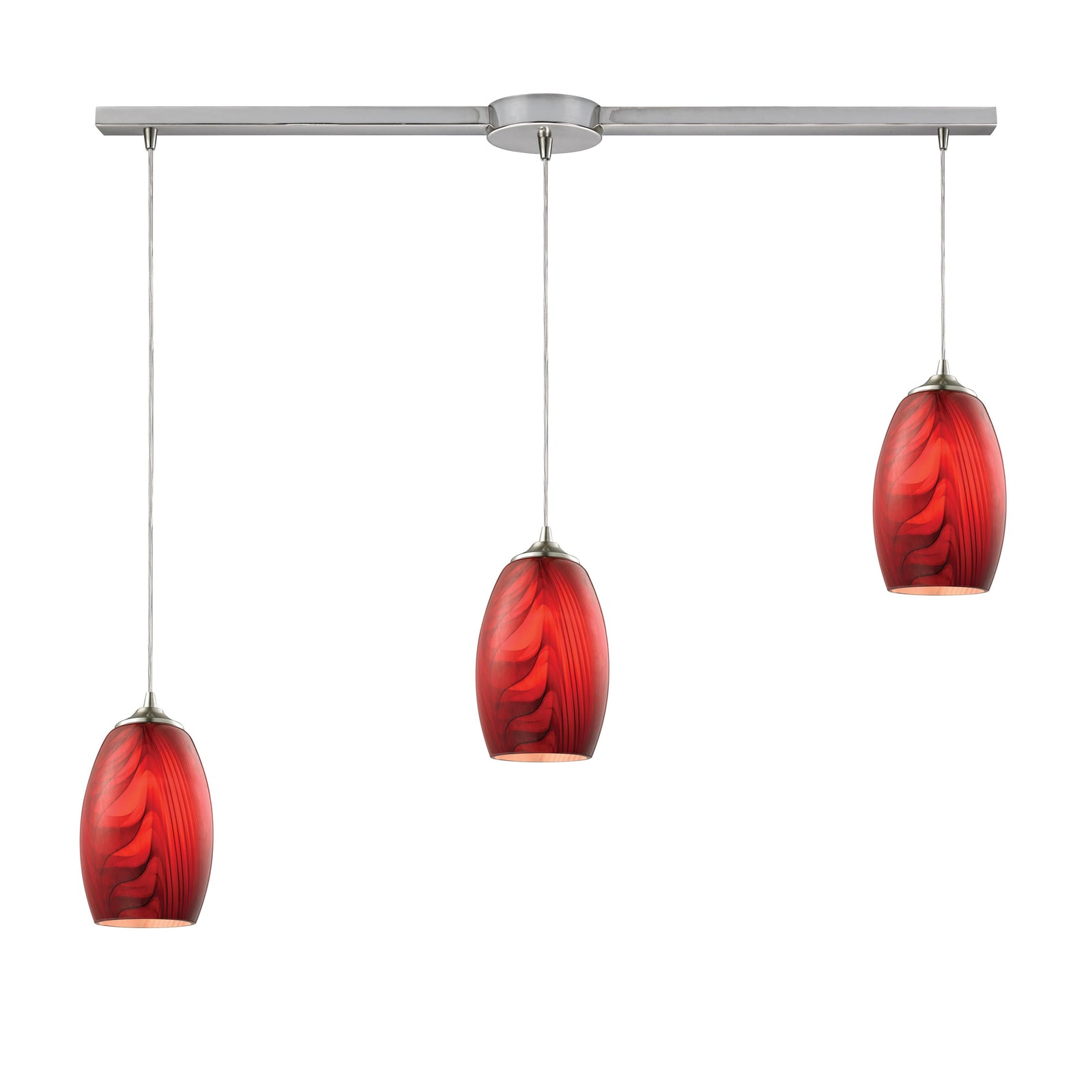 Tidewaters 36'' Wide 3-Light Slim Linear Pendant - Satin Nickel with Ruby Glass