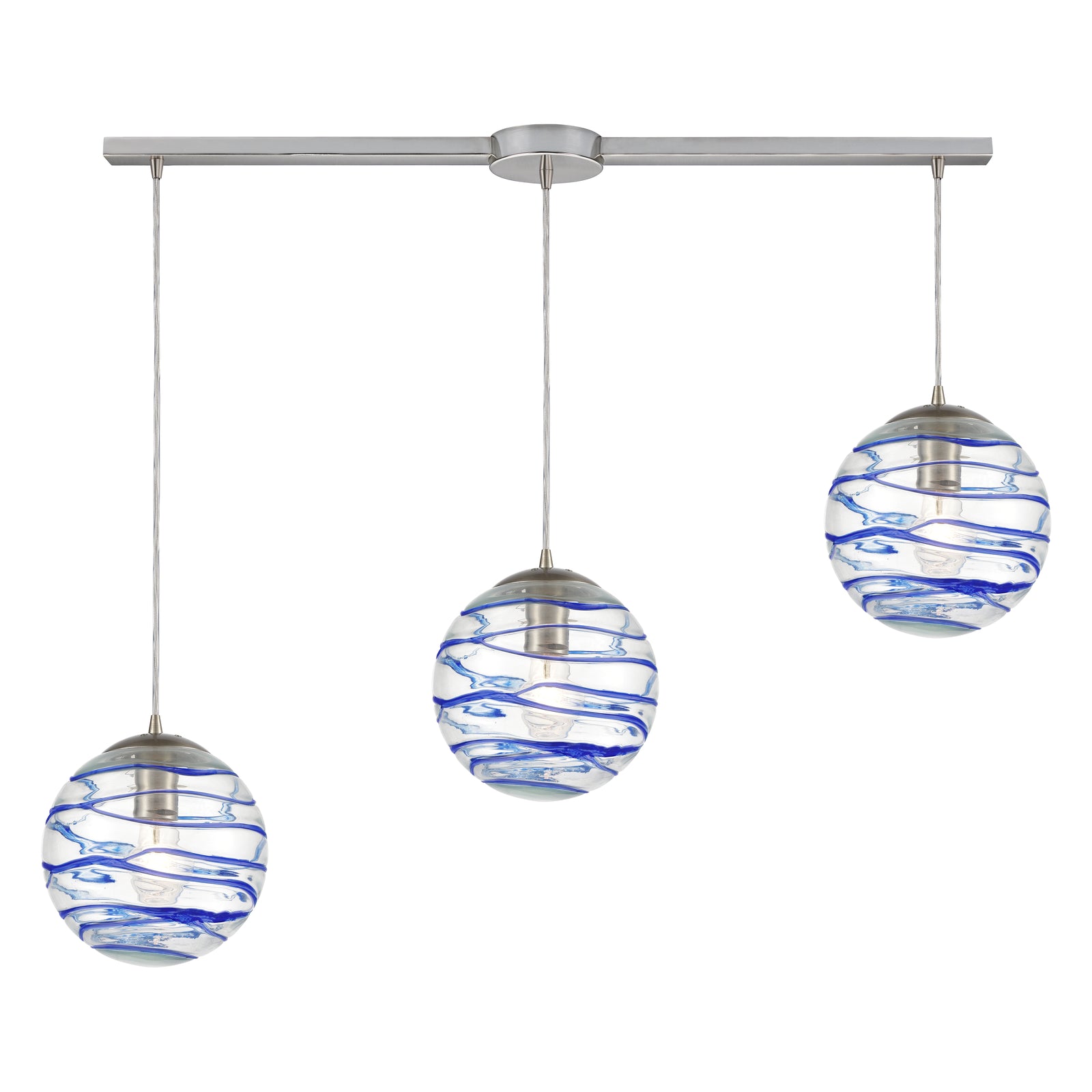 Vines 36'' Wide 3-Light Slim Linear Pendant - Satin Nickel with Blue Glass