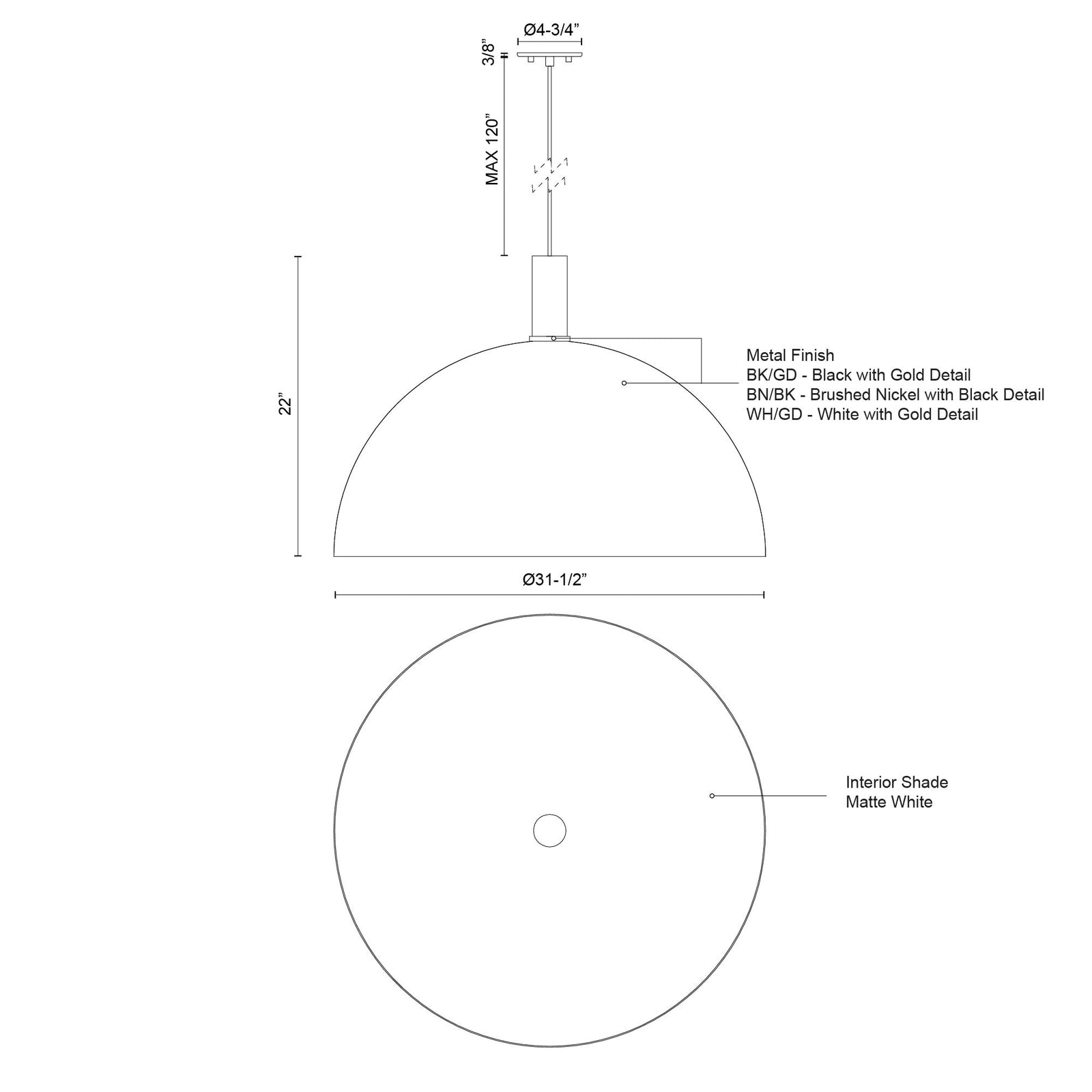 Archibald 32-in White With Gold Detail 1 Light Pendant