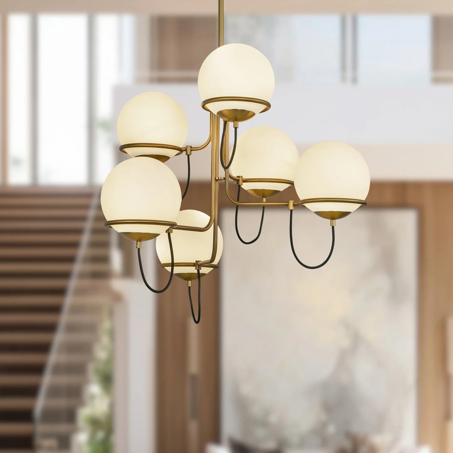 Alba 32-in Aged Gold / Opal Glass 6 Lights Chandelier