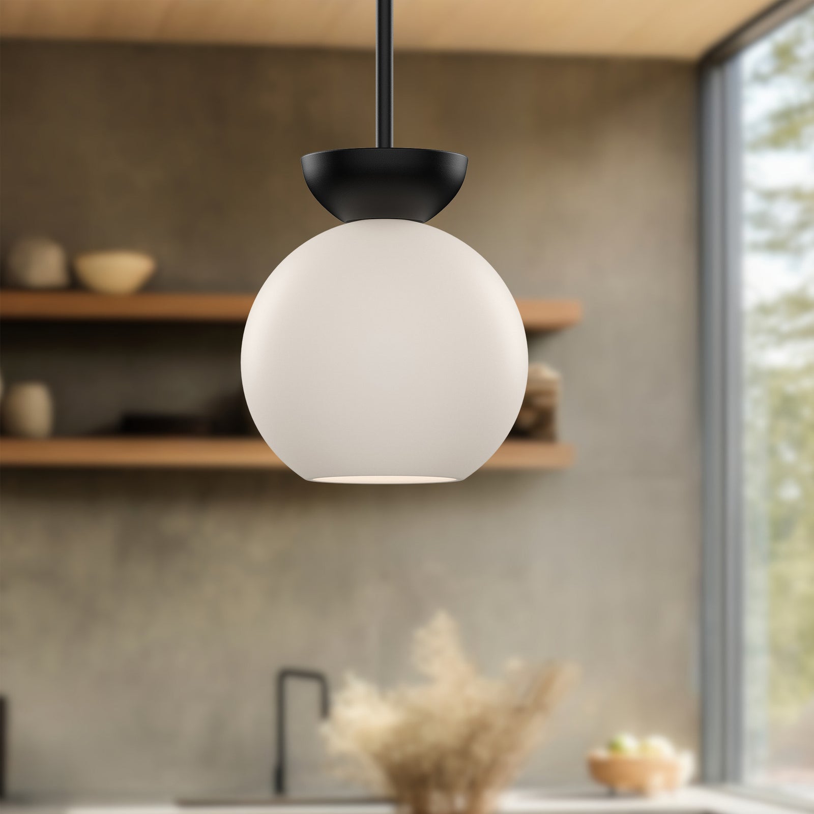 Arcadia 8-in Black/Opal Glass 1 Light Pendant