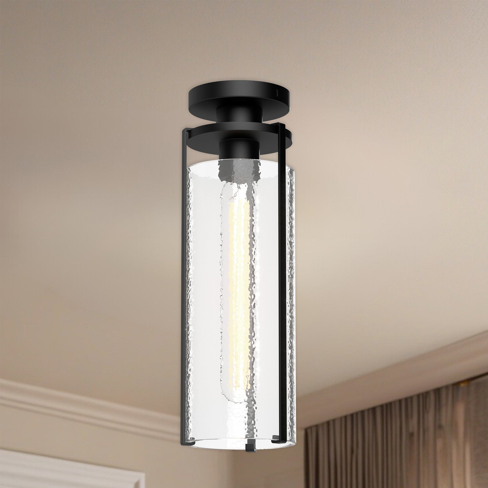Belmont 5-in Clear Water Glass/Matte Black 1 Light Flush Mount