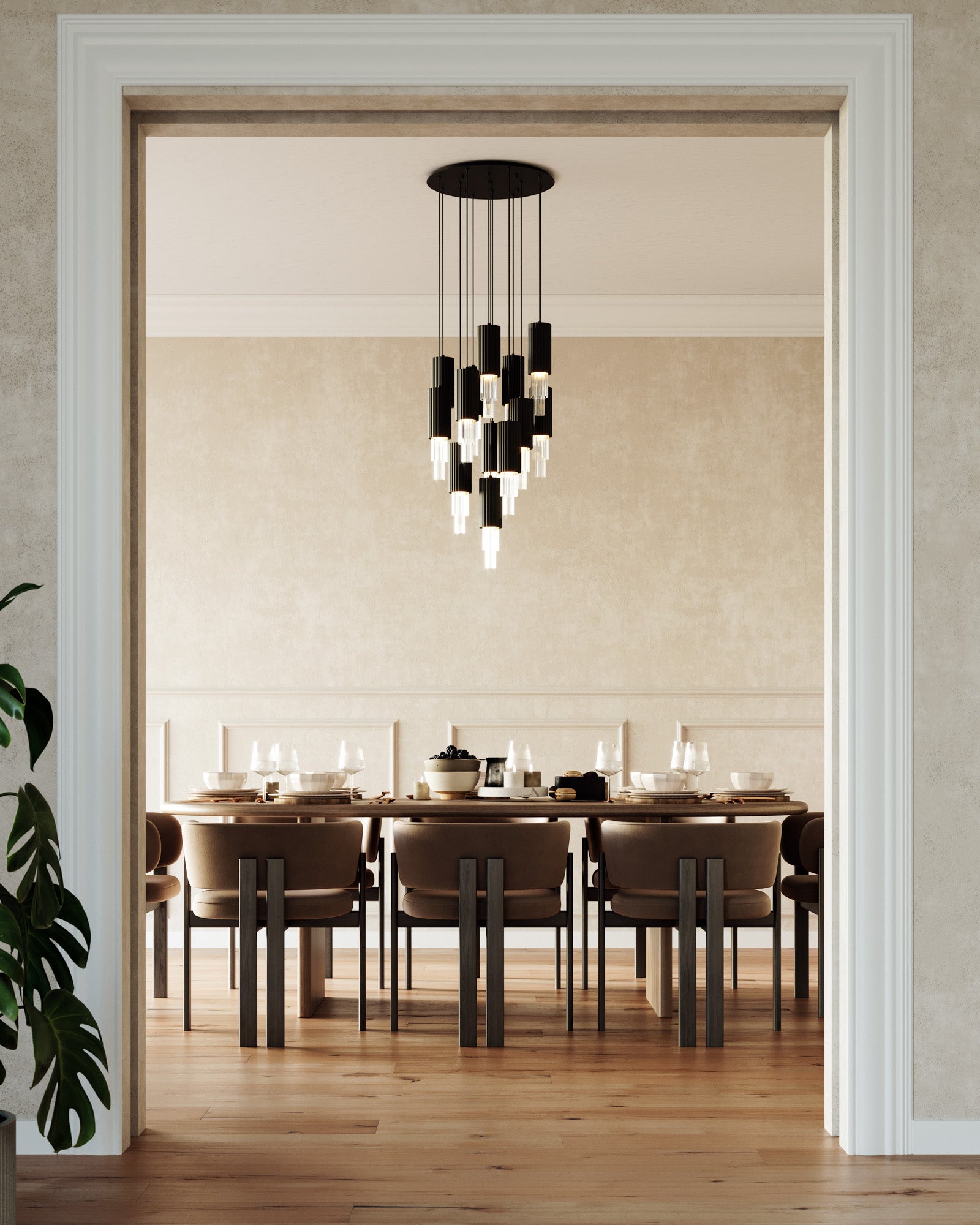 Bordeaux 25-in Matte Black/Clear Ribbed Glass 13-Light Multi Pendant