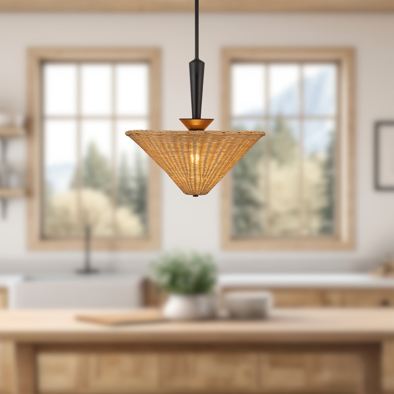 Bridgette 16-in Matte Black/Rattan Socket Pendant
