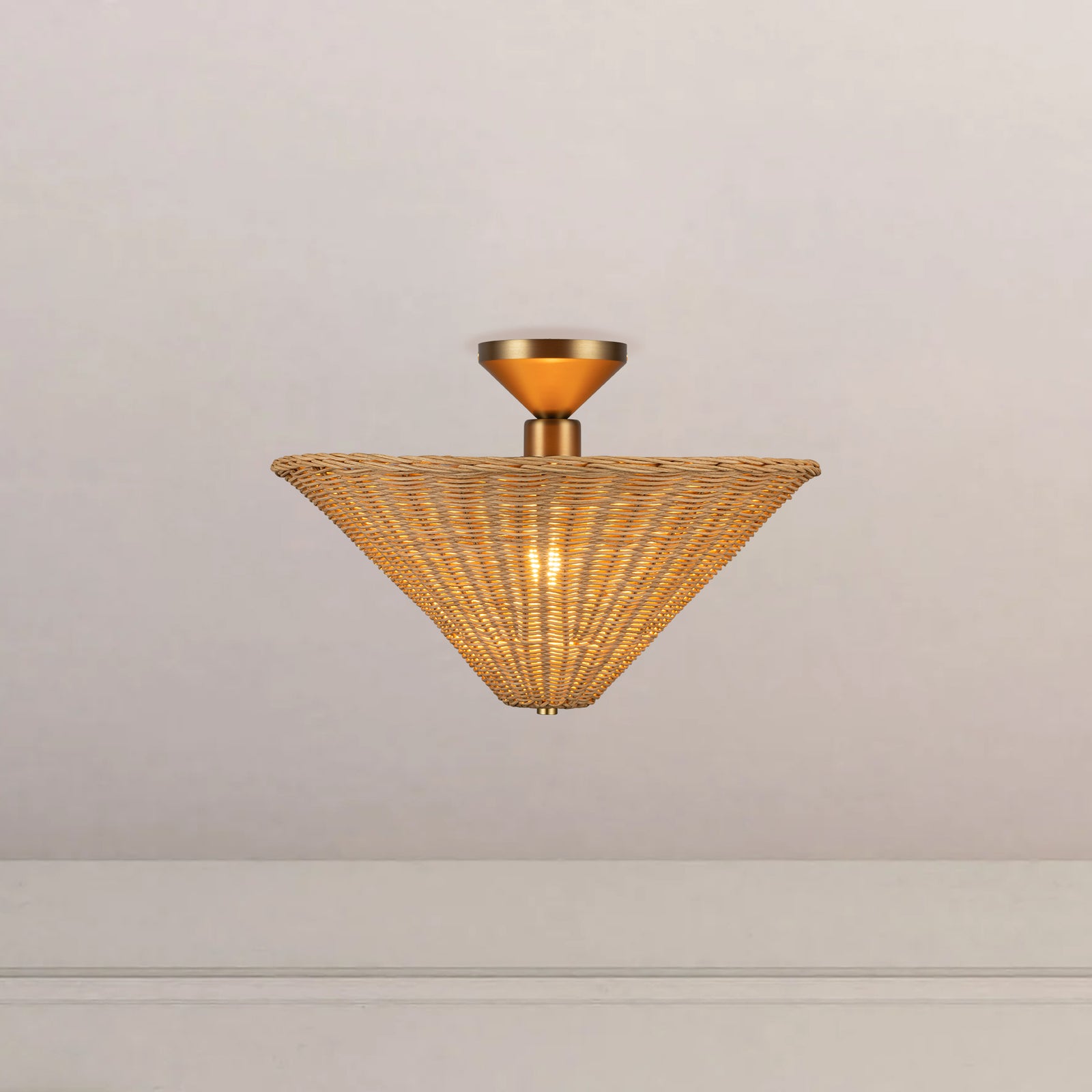 Bridgette 16-in Brushed Gold/Rattan Socket Semi-Flush Mount
