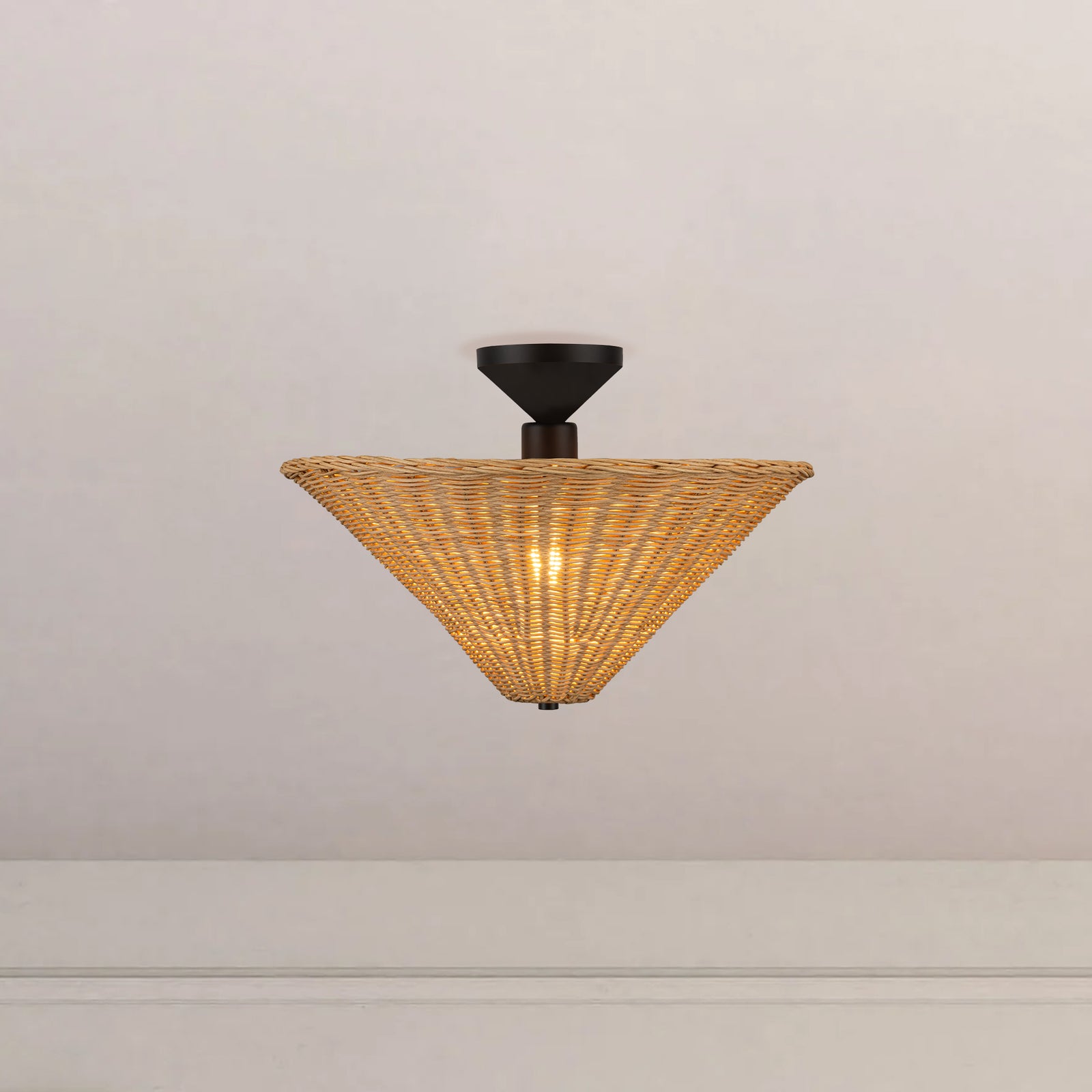 Bridgette 16-in Matte Black/Rattan Socket Semi-Flush Mount