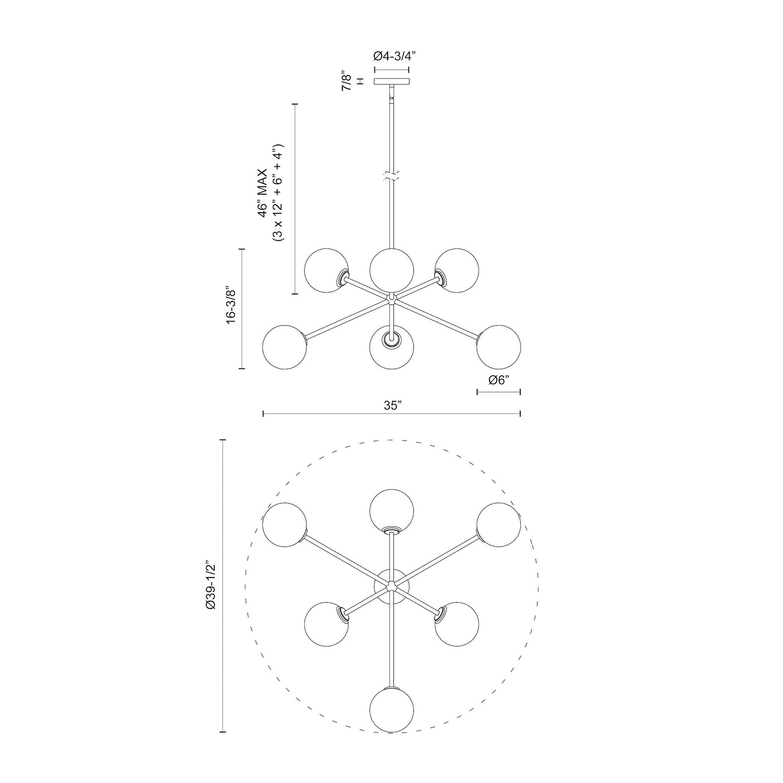 Cassia 40-in Matte Black/Clear Glass 6 Lights Chandelier