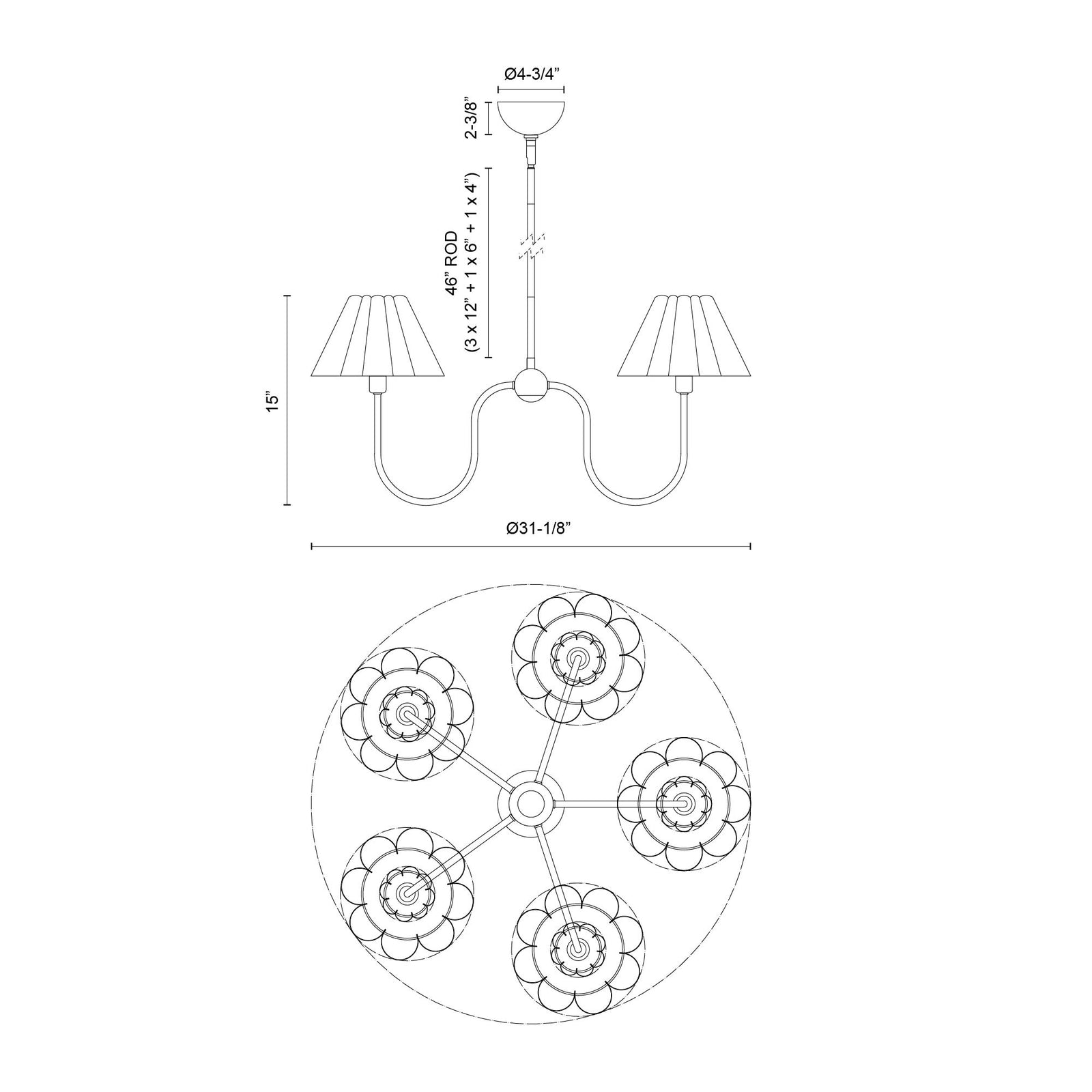 Rosemary 31-in Matte Black/Folded White Socket Chandelier