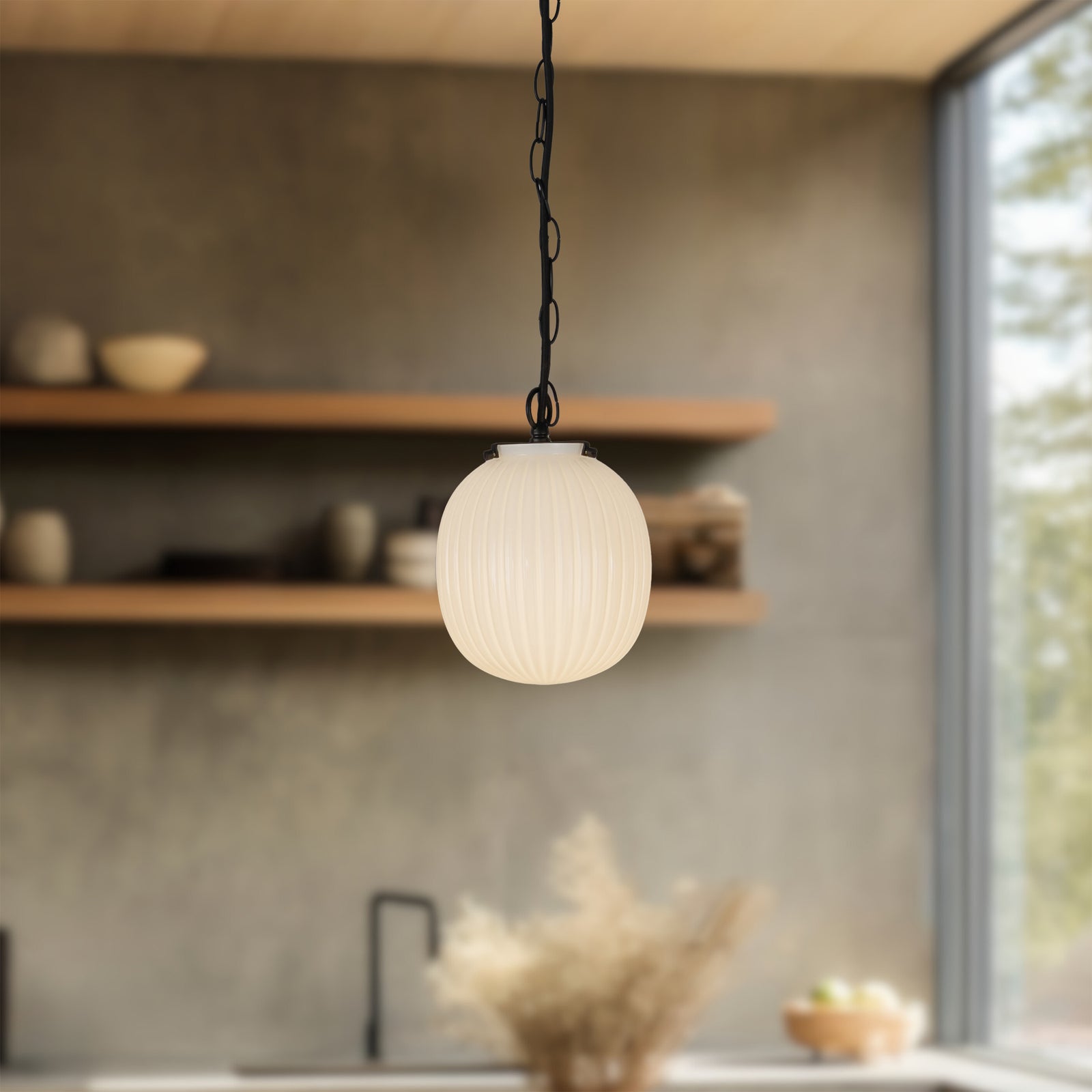 Cherise 7-in Matte Black/Glossy Ribbed Opal Glass Socket Pendant