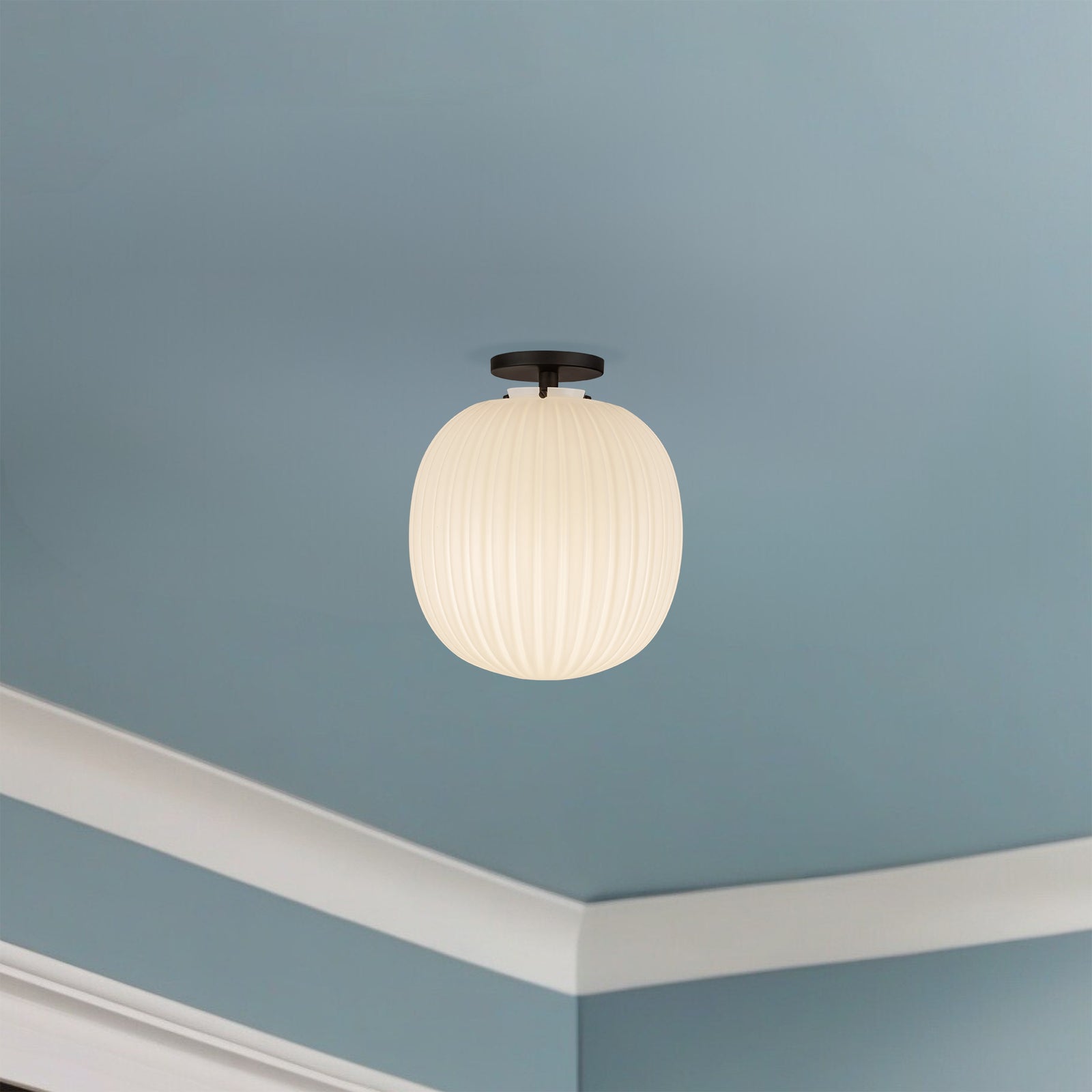 Cherise 12-in Matte Black/Glossy Ribbed Opal Glass Socket Semi-Flush Mount