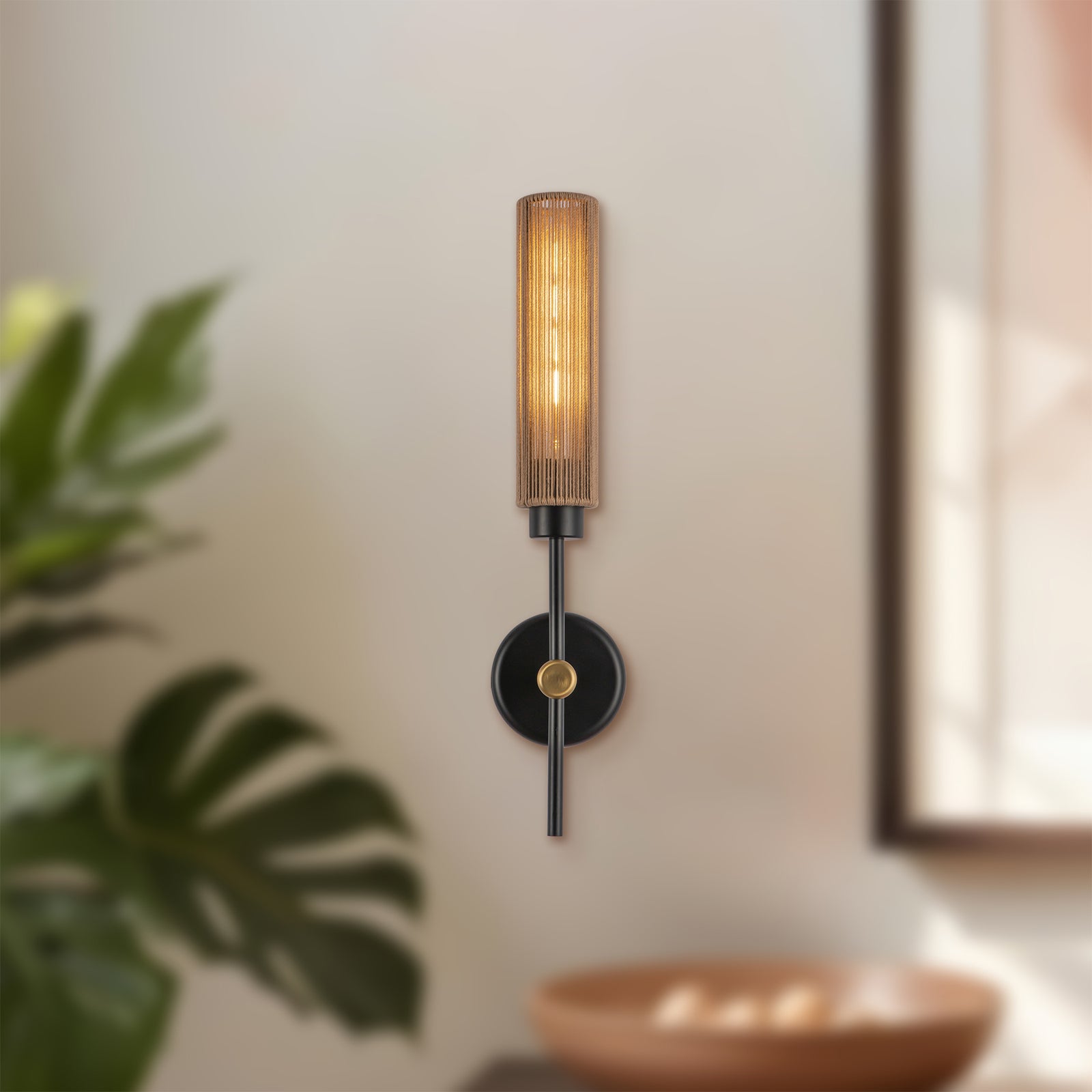 Colby 20-in Matte Black/Tan Jute Socket Wall/Vanity Light