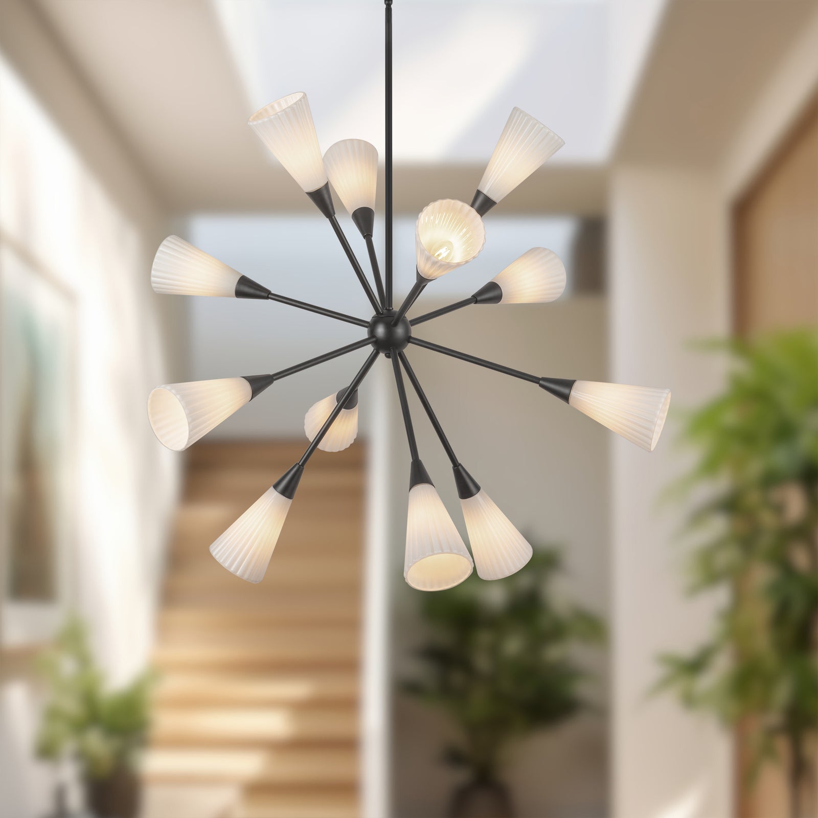 Cosmo 39-in Matte Black/Glossy Ribbed Opal Glass Socket Chandelier
