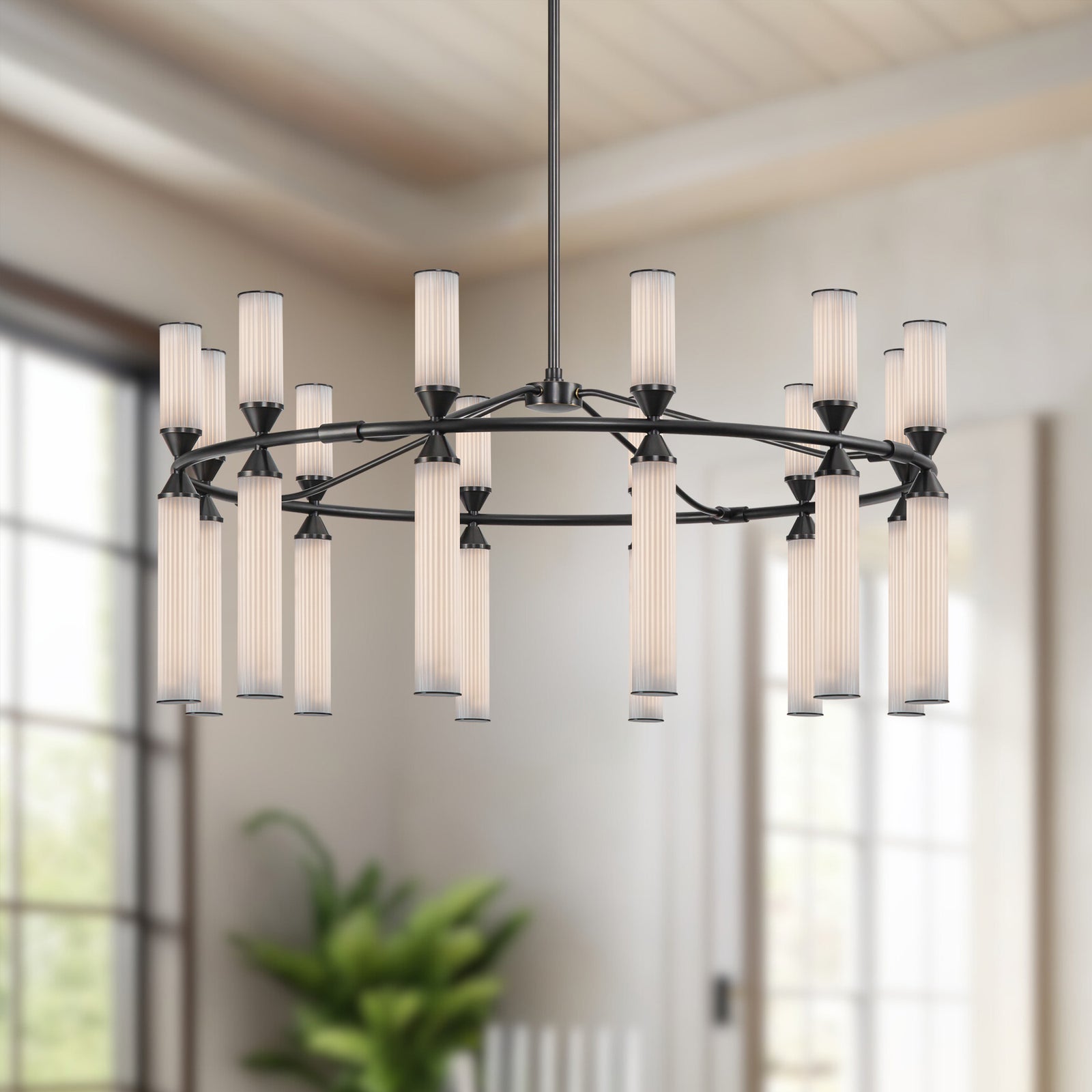 Edwin 38-in Urban Bronze/Frosted Ribbed Glass LED Chandelier