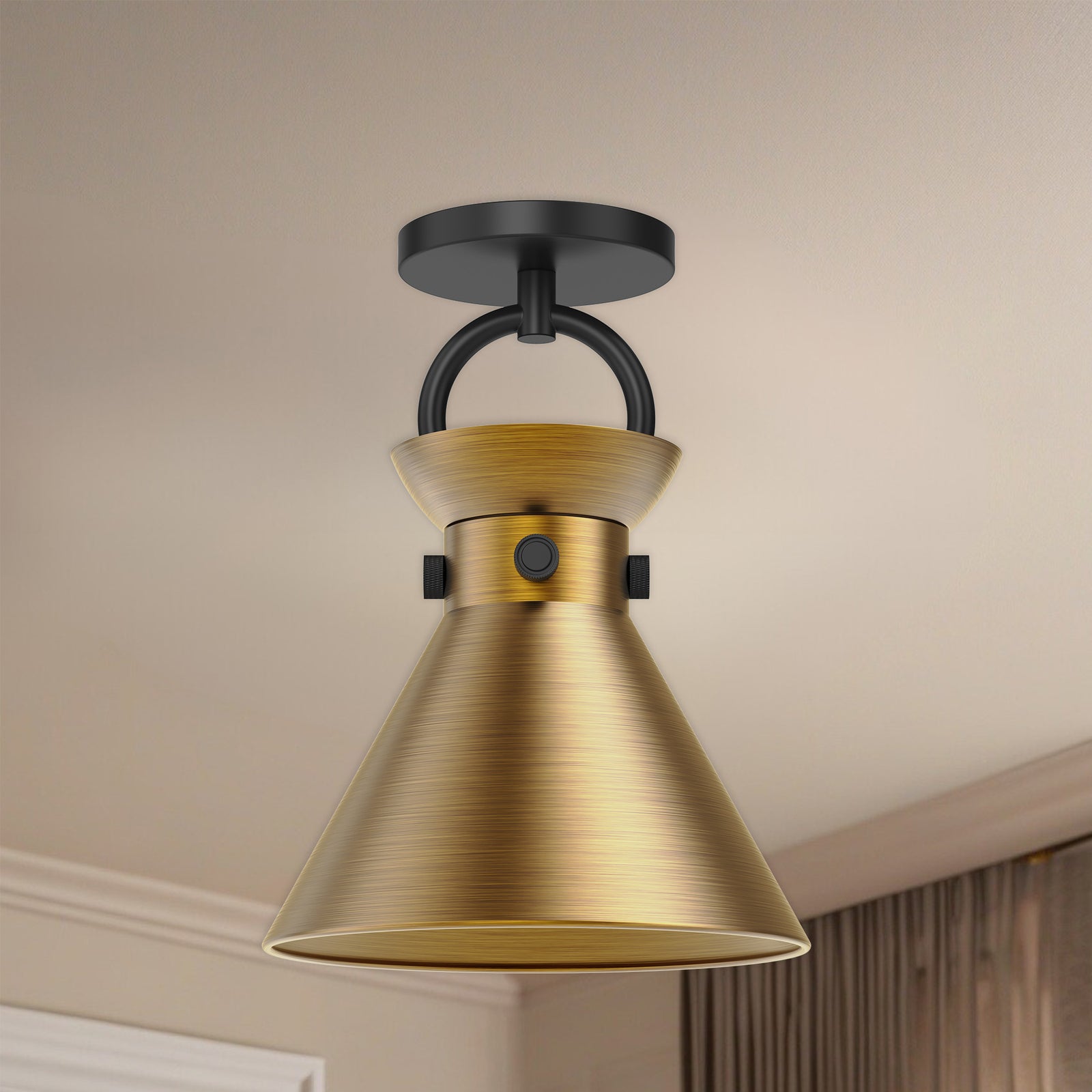 Emerson 9-in Matte Black/Aged Gold 1 Light Semi Flush Mount