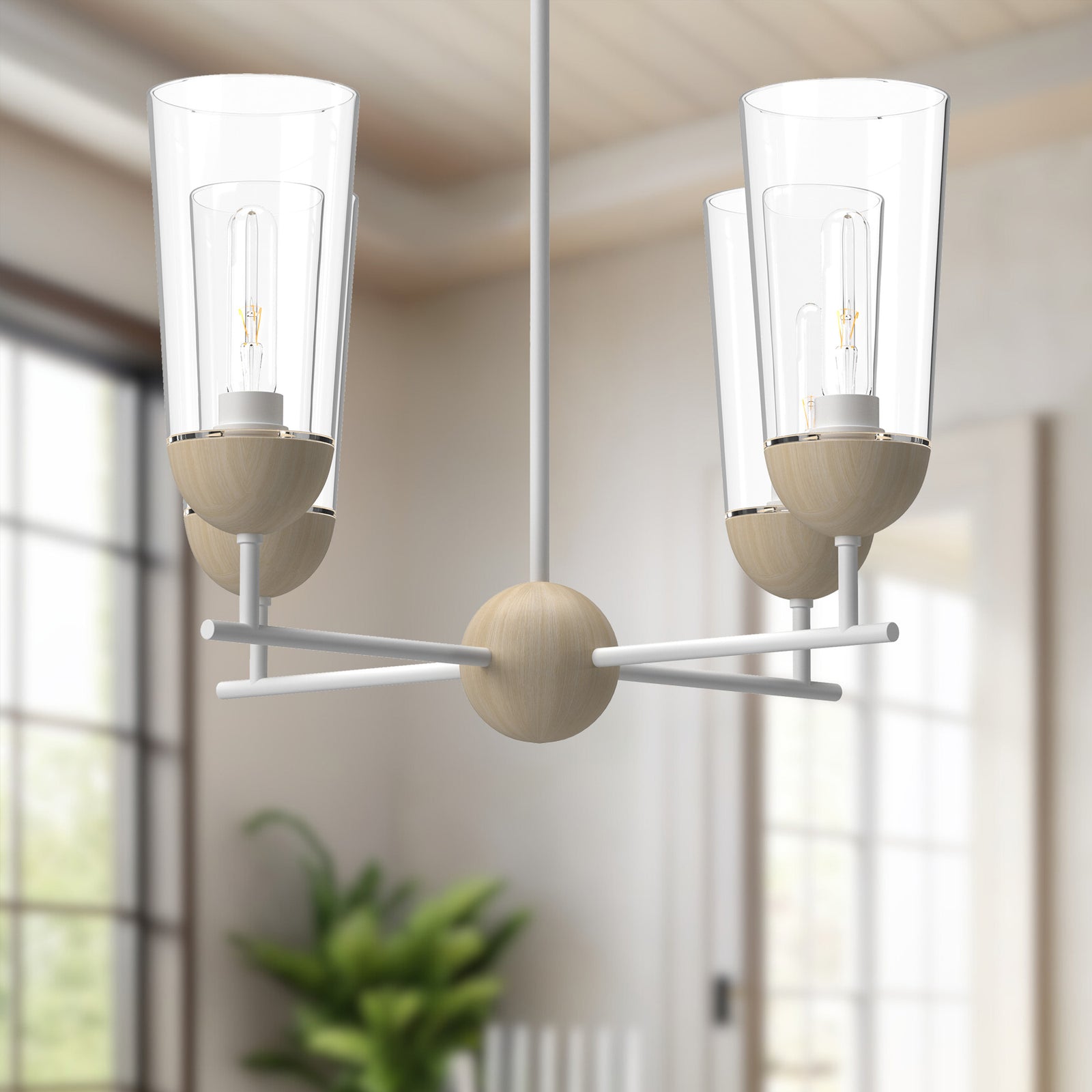 Emil 25-in White/White Oak 4 Lights Chandeliers