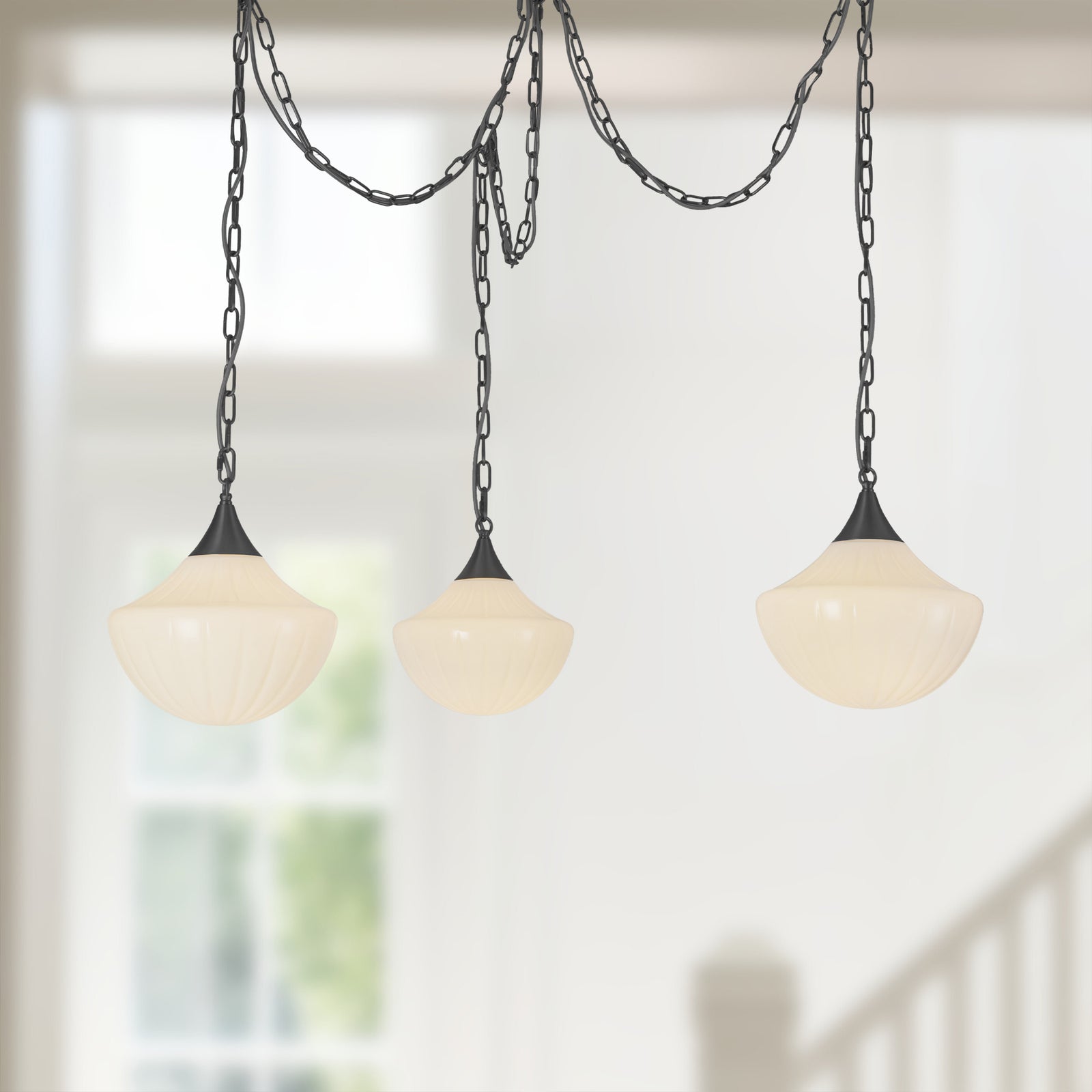 Farrah Matte Black/Glossy Ribbed Opal Glass Socket 12-in Multi Pendant