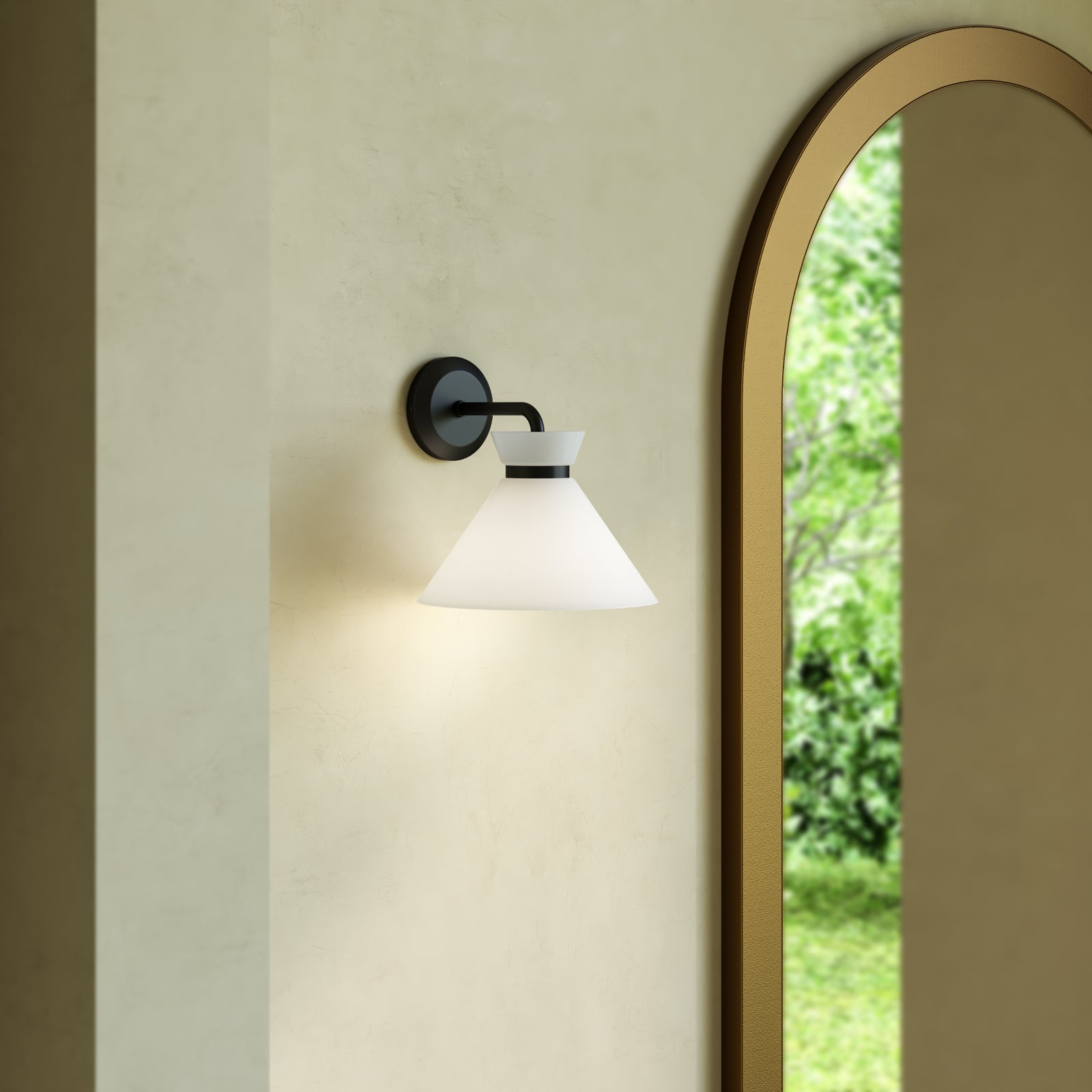 Halston 8-in Glossy Opal Glass/Matte Black 1 Light Wall/Vanity