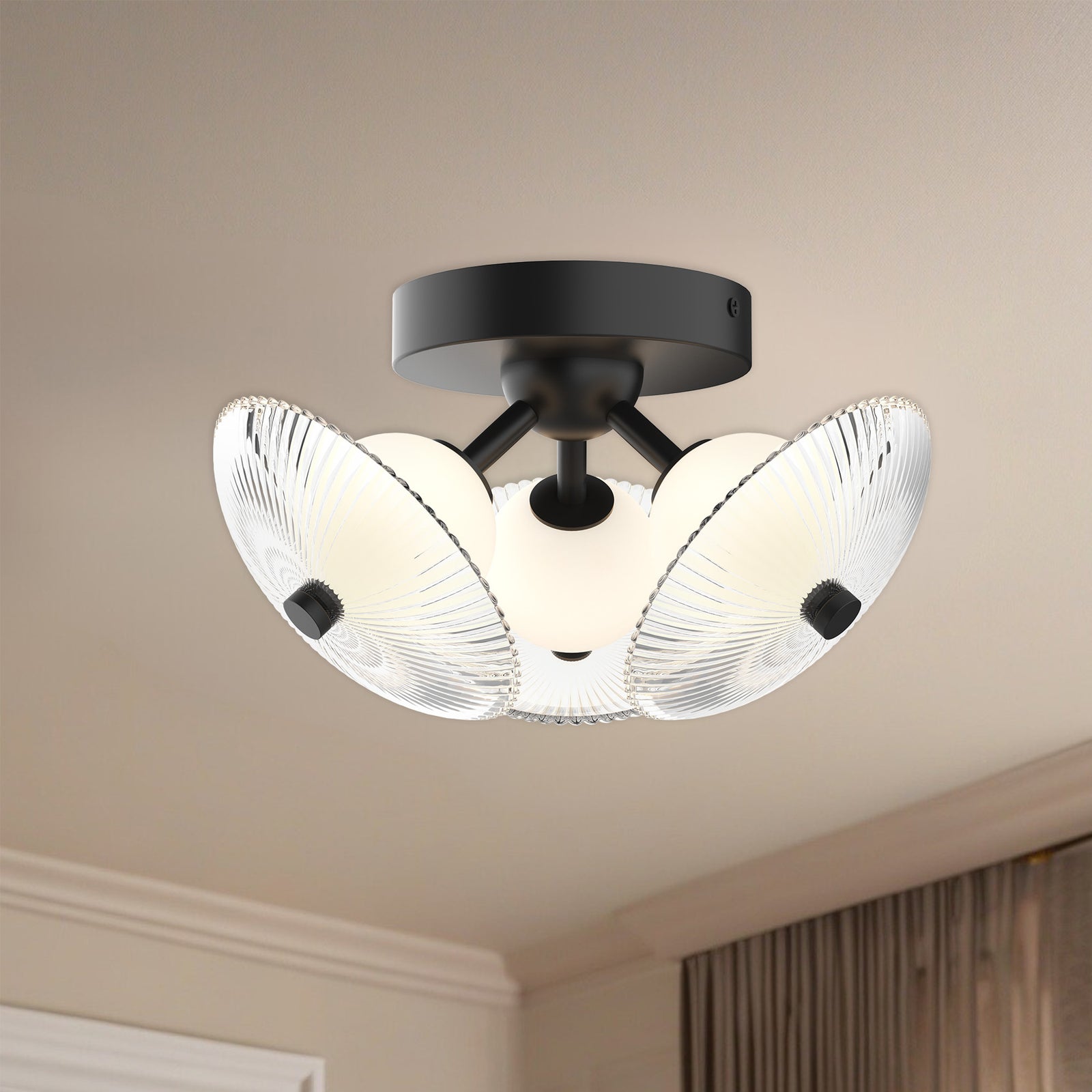 Hera 12-in Matte Black/Clear Ribbed Glass LED Flush Mount
