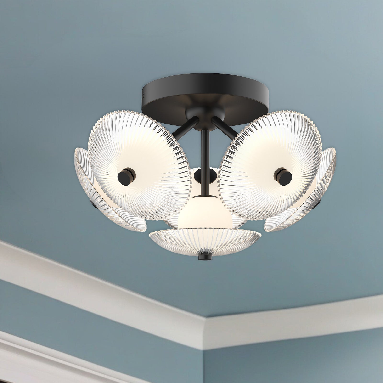Hera 16-in Matte Black/Clear Ribbed Glass LED Flush Mount