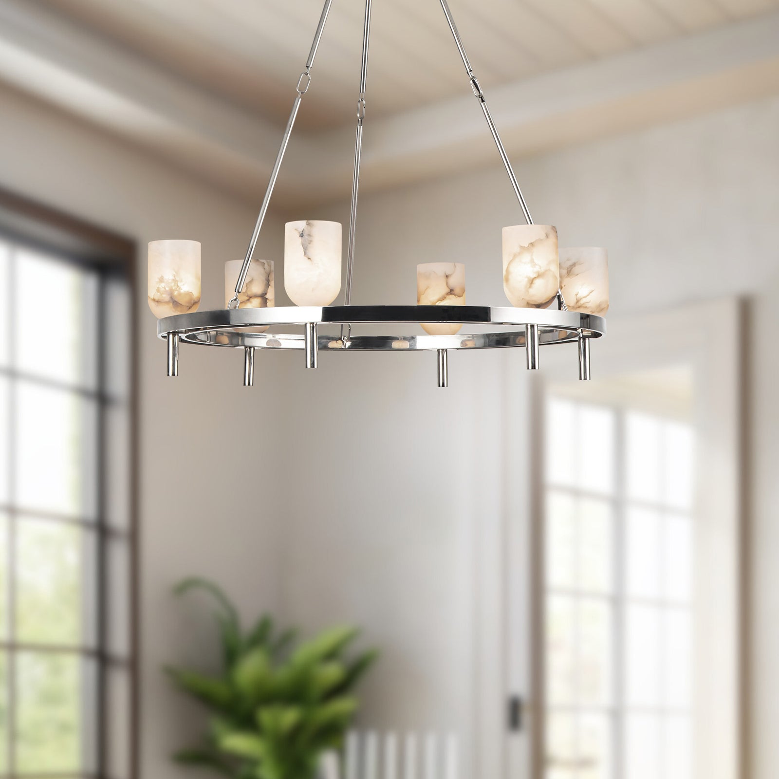 Lucian 32-in Polished Nickel/Alabaster 6 Lights Chandeliers