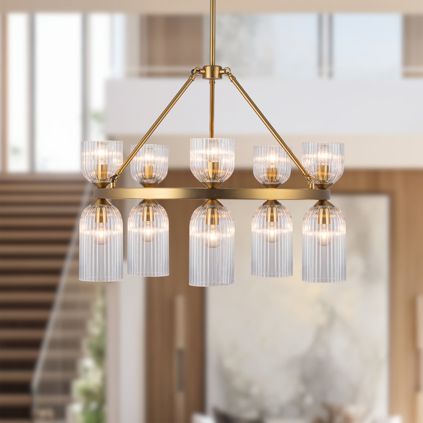 Nelly 26-in Brushed Gold/Clear Ribbed Glass Socket Chandelier
