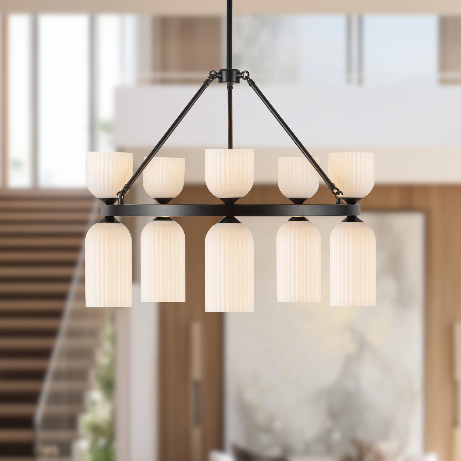 Nelly 26-in Matte Black/Glossy Ribbed Opal Glass Socket Chandelier