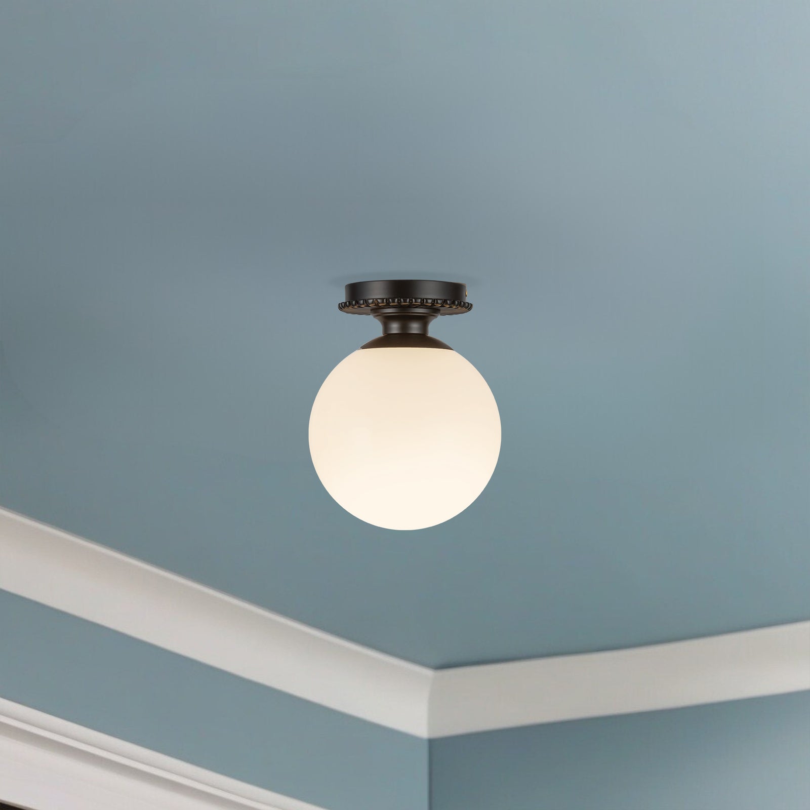 Otis 8-in Matte Black/Glossy Opal Glass Socket Semi-Flush Mount