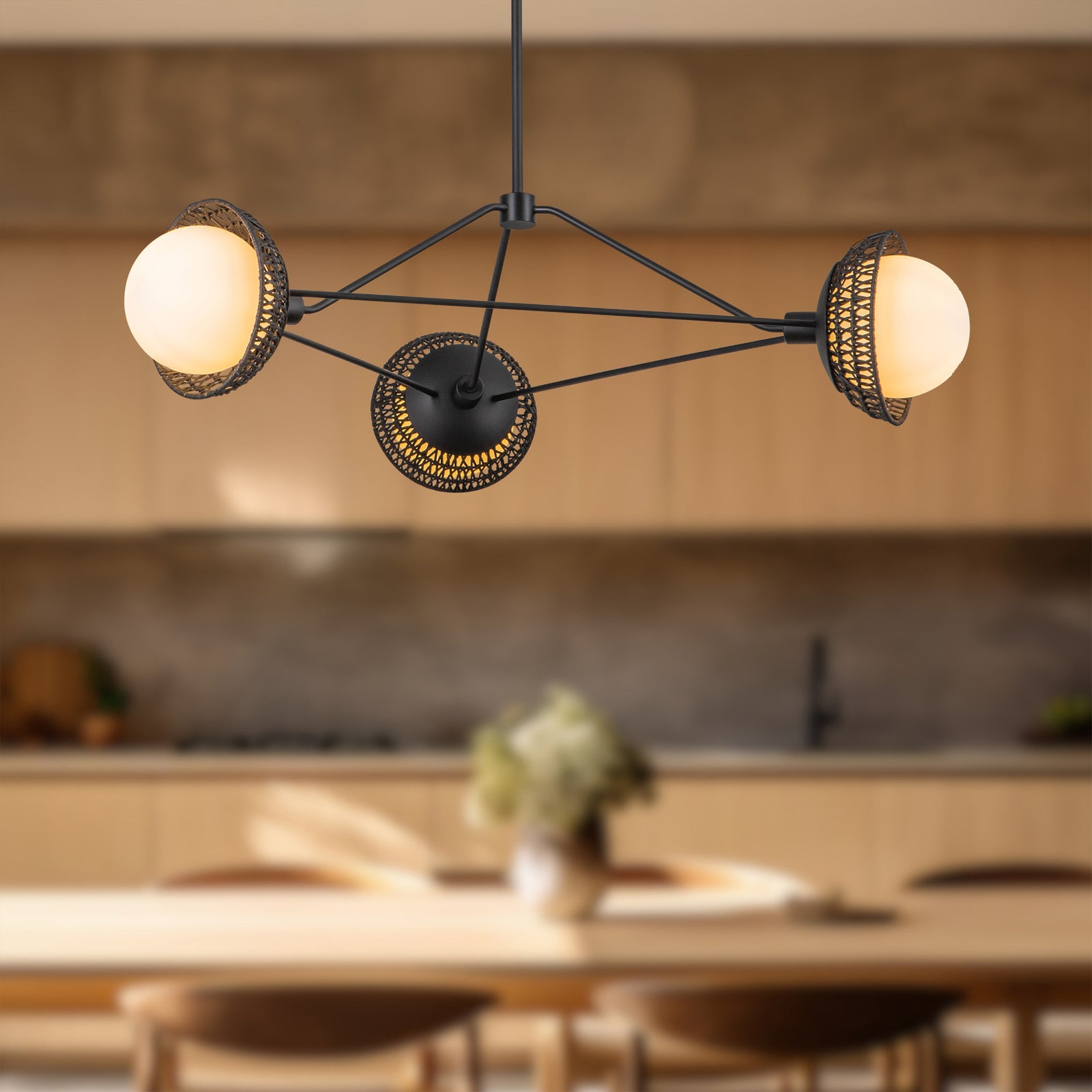 Perth 40-in Matte Black/Opal Glass 3 Lights Chandelier